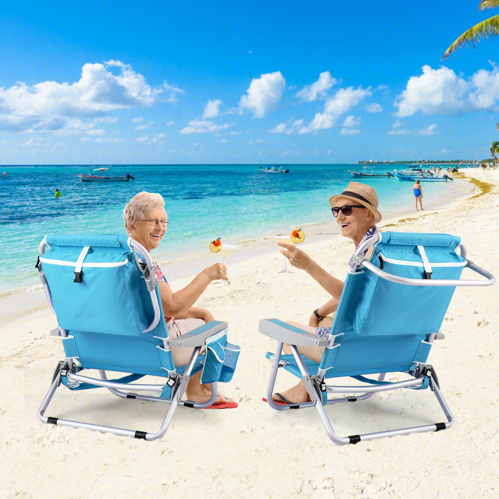 1 Piece Foldable Backpack Beach Chair, Cup Holder and Storage Pockets for Outdoor