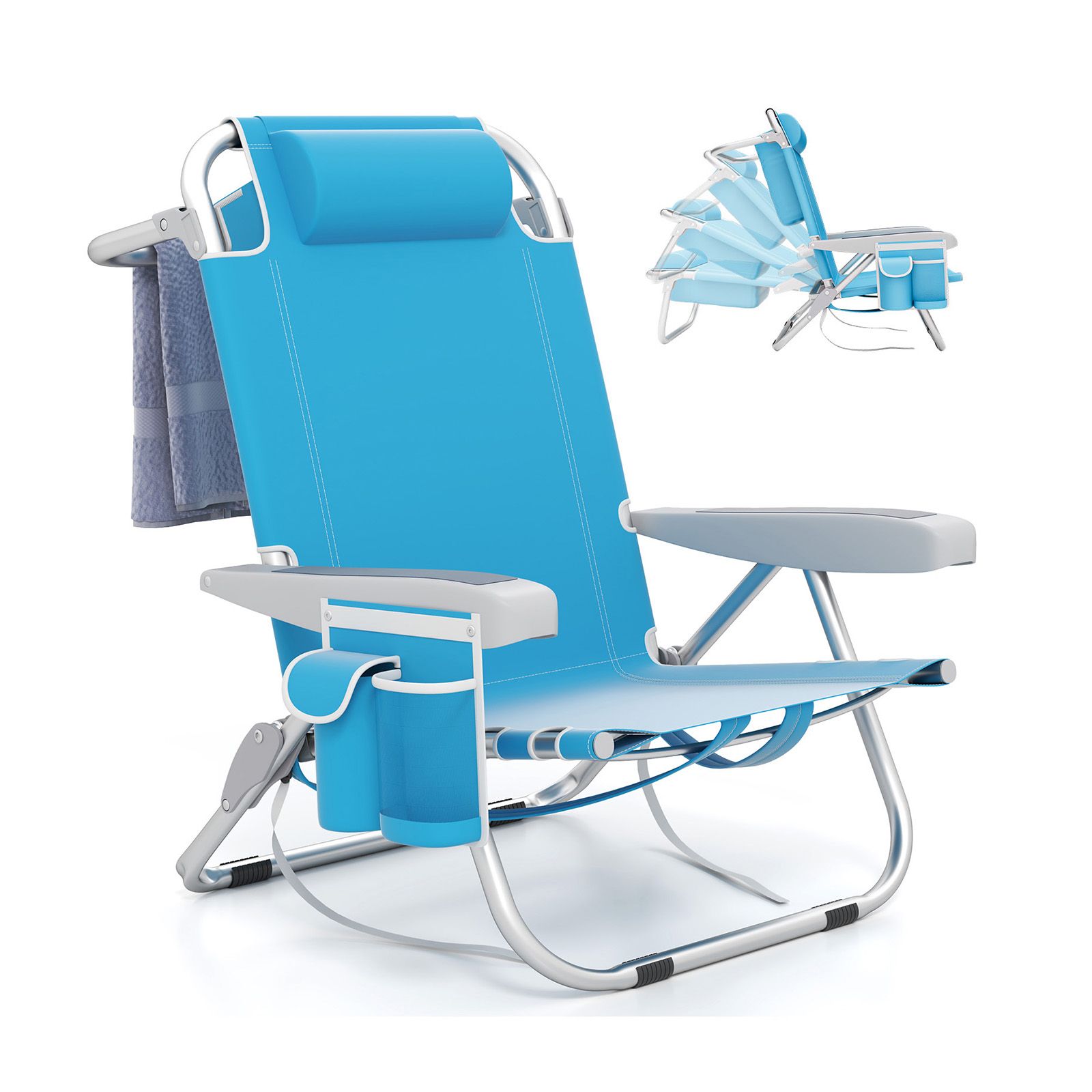 Chaise de plage pliable à dossier, porte-gobelet et poches rangement pour l'extérieur