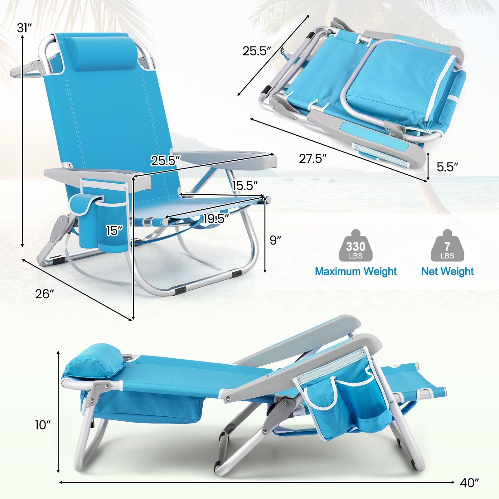 Chaise de plage pliable à dossier, porte-gobelet et poches rangement pour l'extérieur