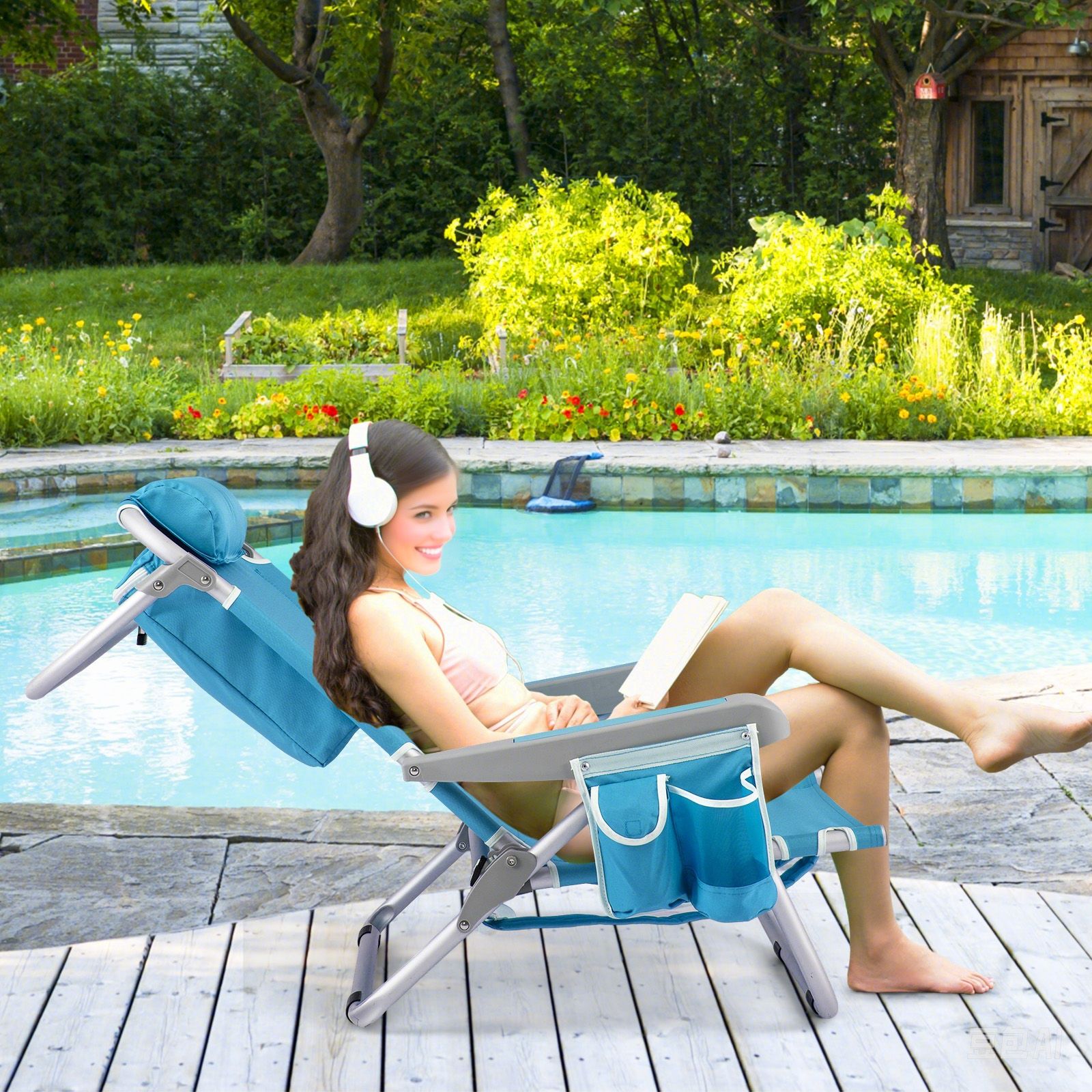 Chaise de plage pliable à dossier, porte-gobelet et poches rangement pour l'extérieur