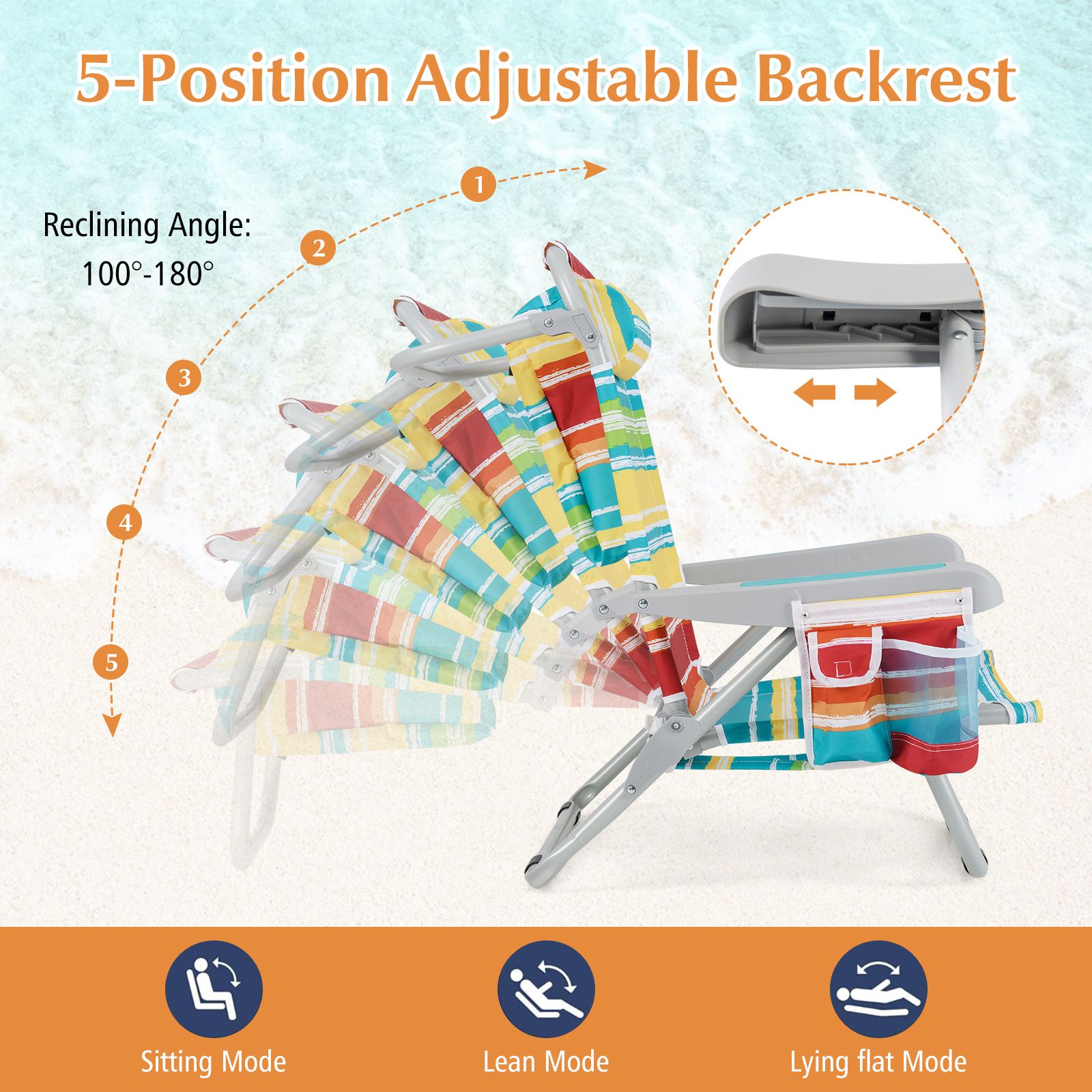 1 Piece Foldable Backpack Beach Chair, Cup Holder and Storage Pockets for Outdoor