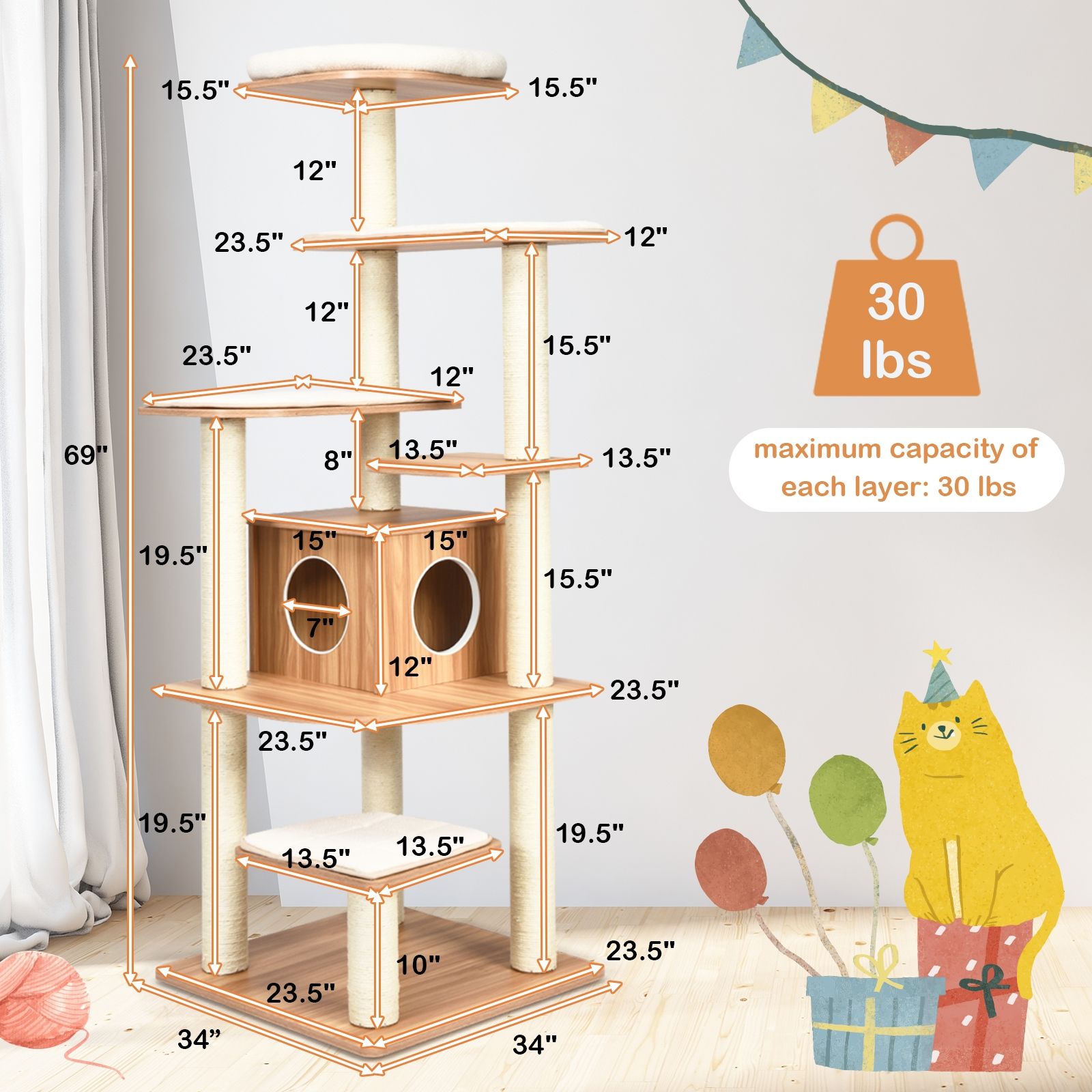 7-Layer Wooden Cat Tree Tall Cat Tower, Sisal Posts and Condo - Natural