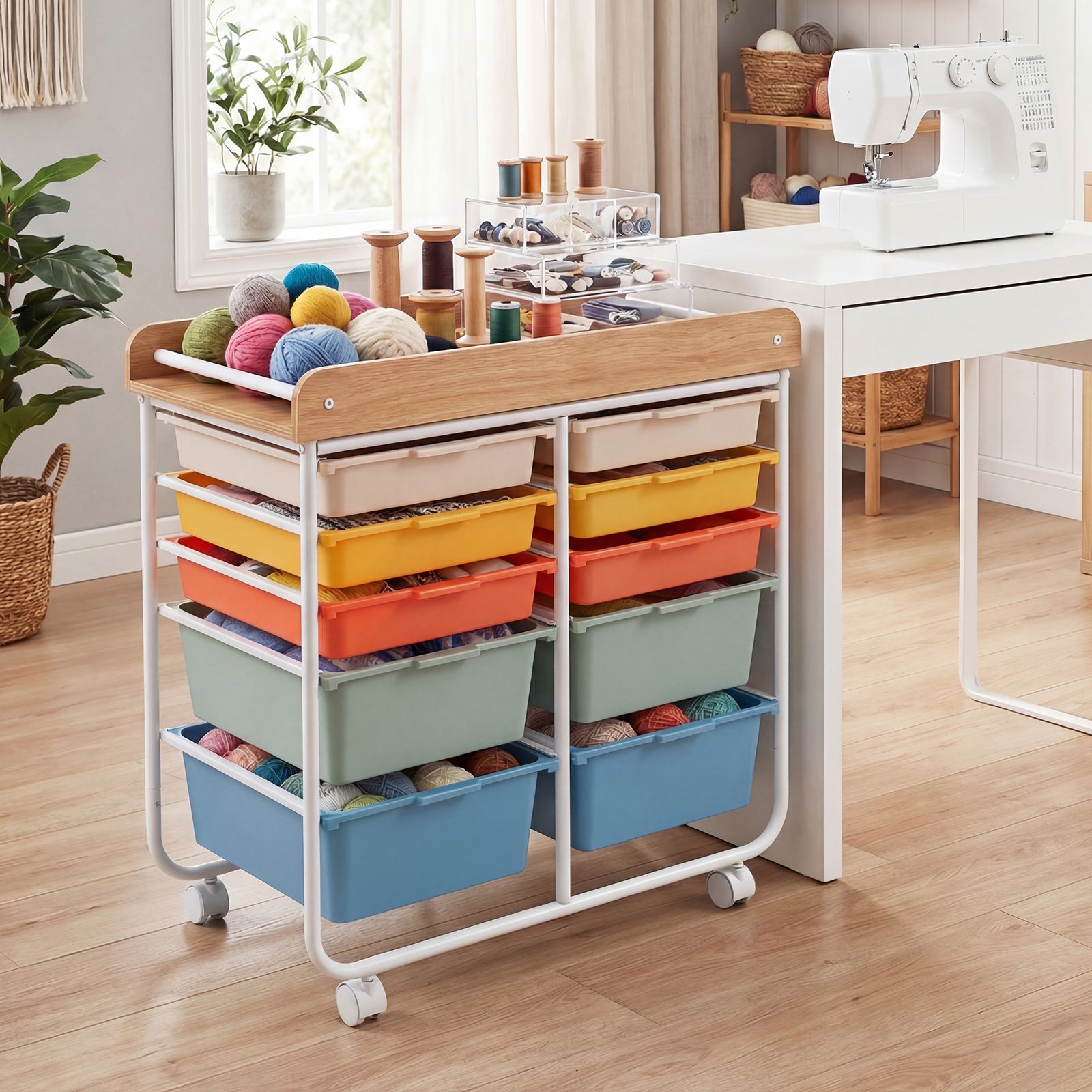 Chariot à roulettes à 10 tiroirs, plateau en bois et roues verrouillables pour bureau - Macaron
