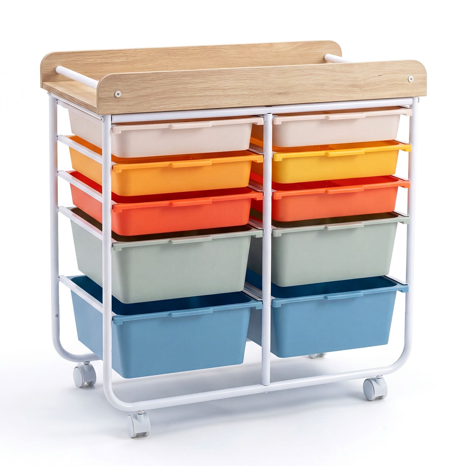 Chariot à roulettes à 10 tiroirs, plateau en bois et roues verrouillables pour bureau - Macaron