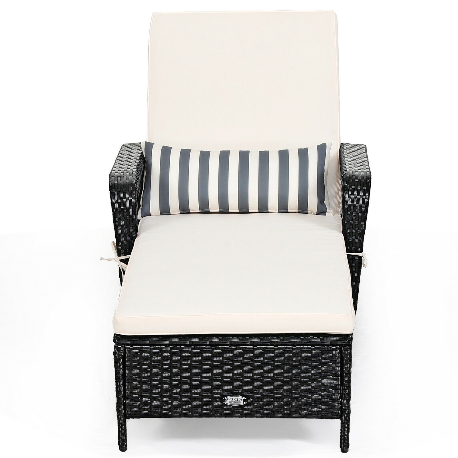PE Rattan Armrest Chaise Lounge Chair, Adjustable Pillow - Black