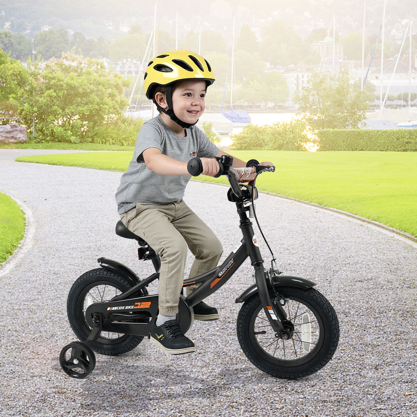 Kids Bike with Removable Training Wheels and Adjustable Seat for 3-8 Years Old - Black - 12"