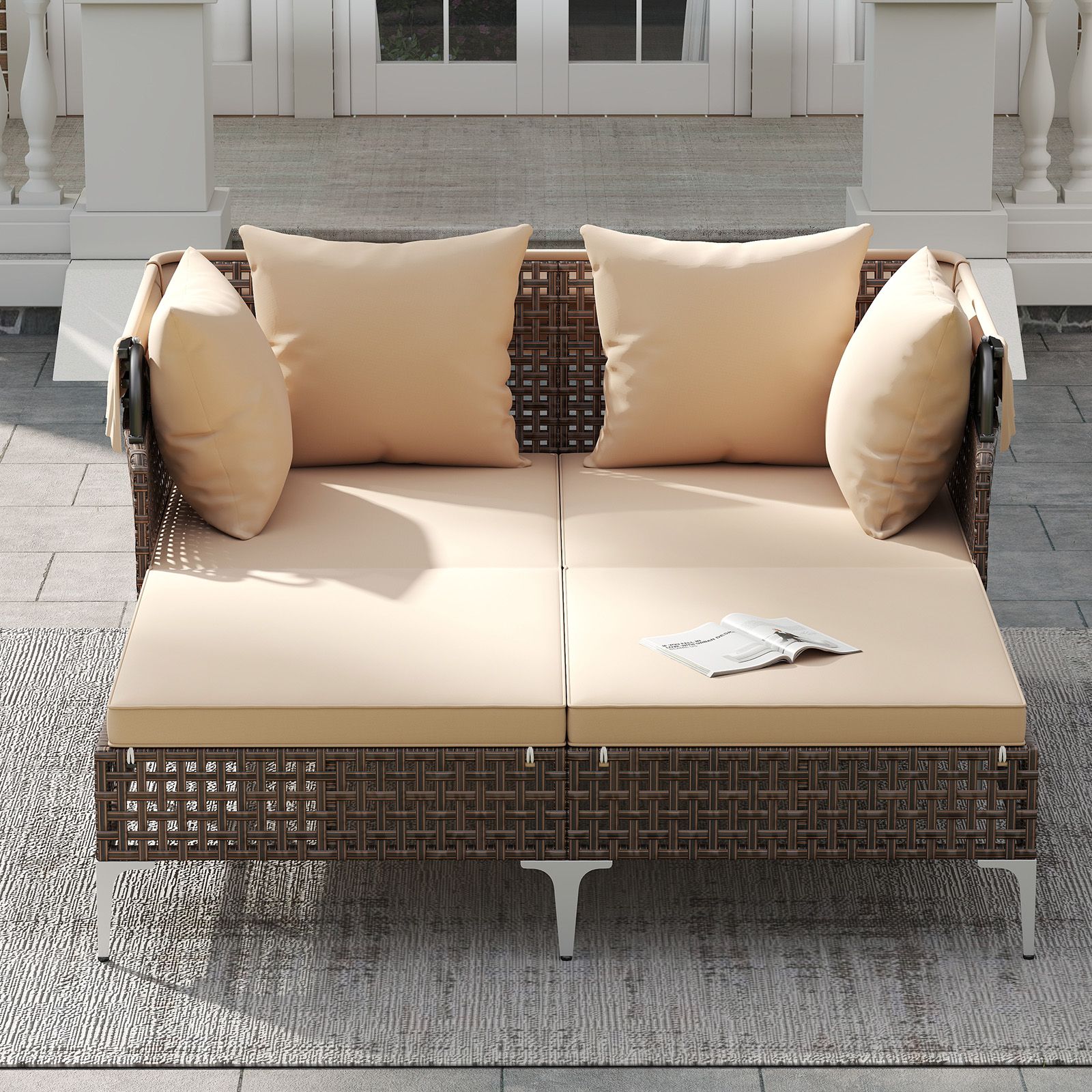 Outdoor Daybed, Retractable Canopy PE Wicker Rattan Patio Lounger - Brown