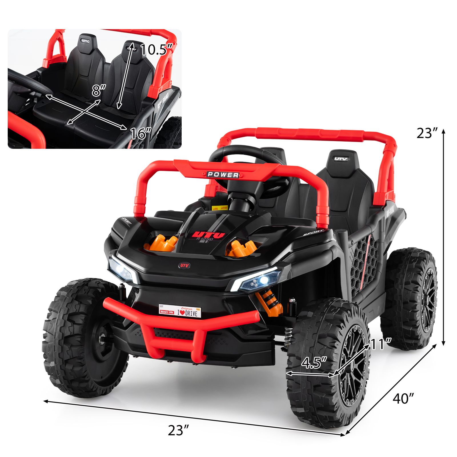 12V Kids Ride on Truck Off-Road UTV, Parental Remote and Lights - Black