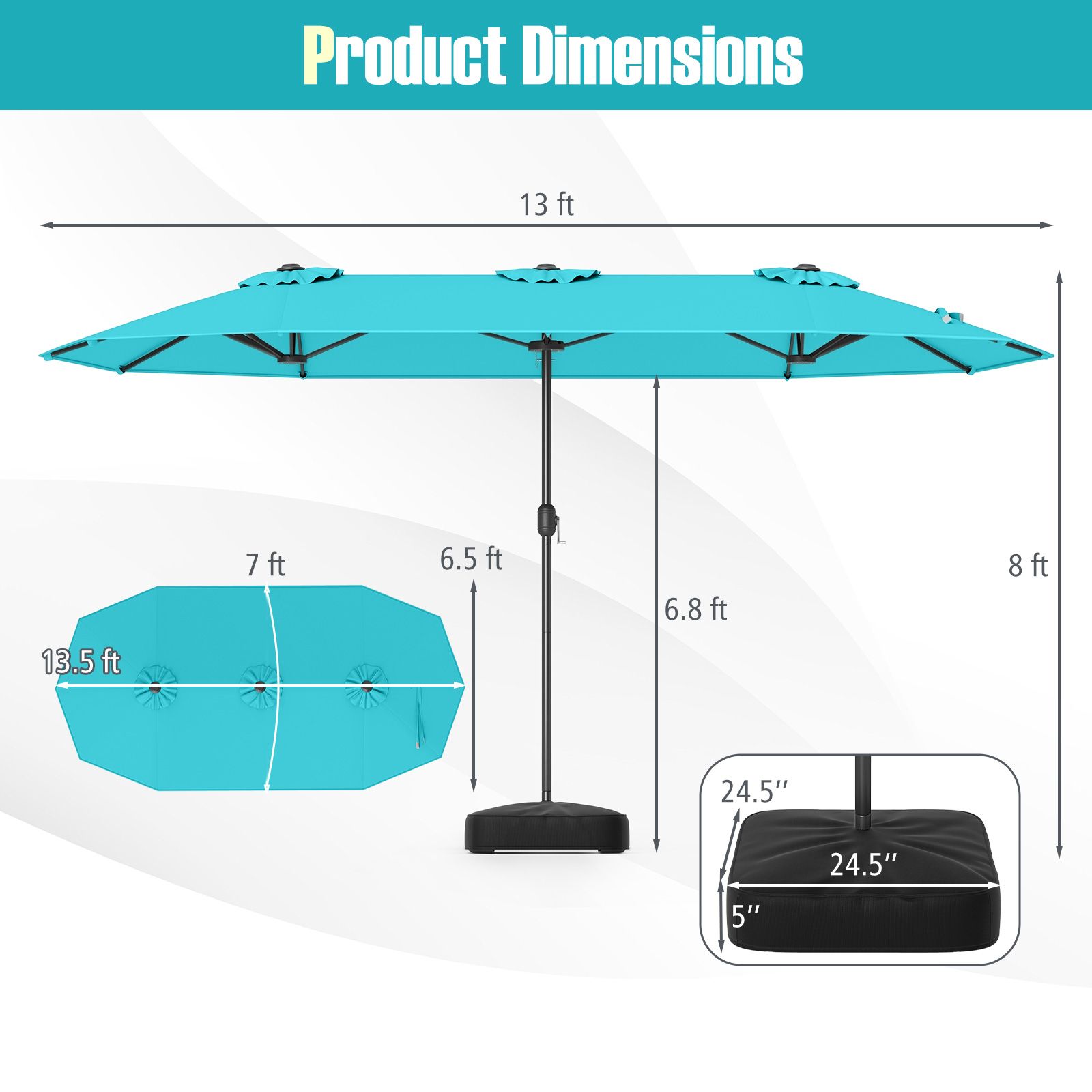 Parasol double face de 4 m, manivelle, Turquoise