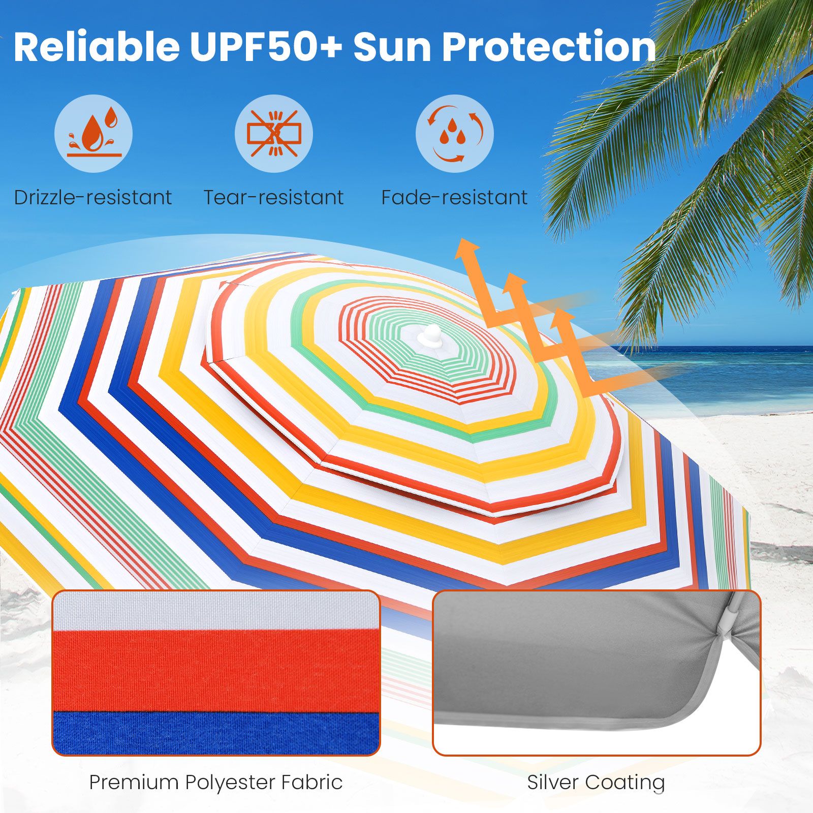 6.5 Feet Beach Umbrella, UPF50+ Sun Protection and Push Button Tilt - Colorful