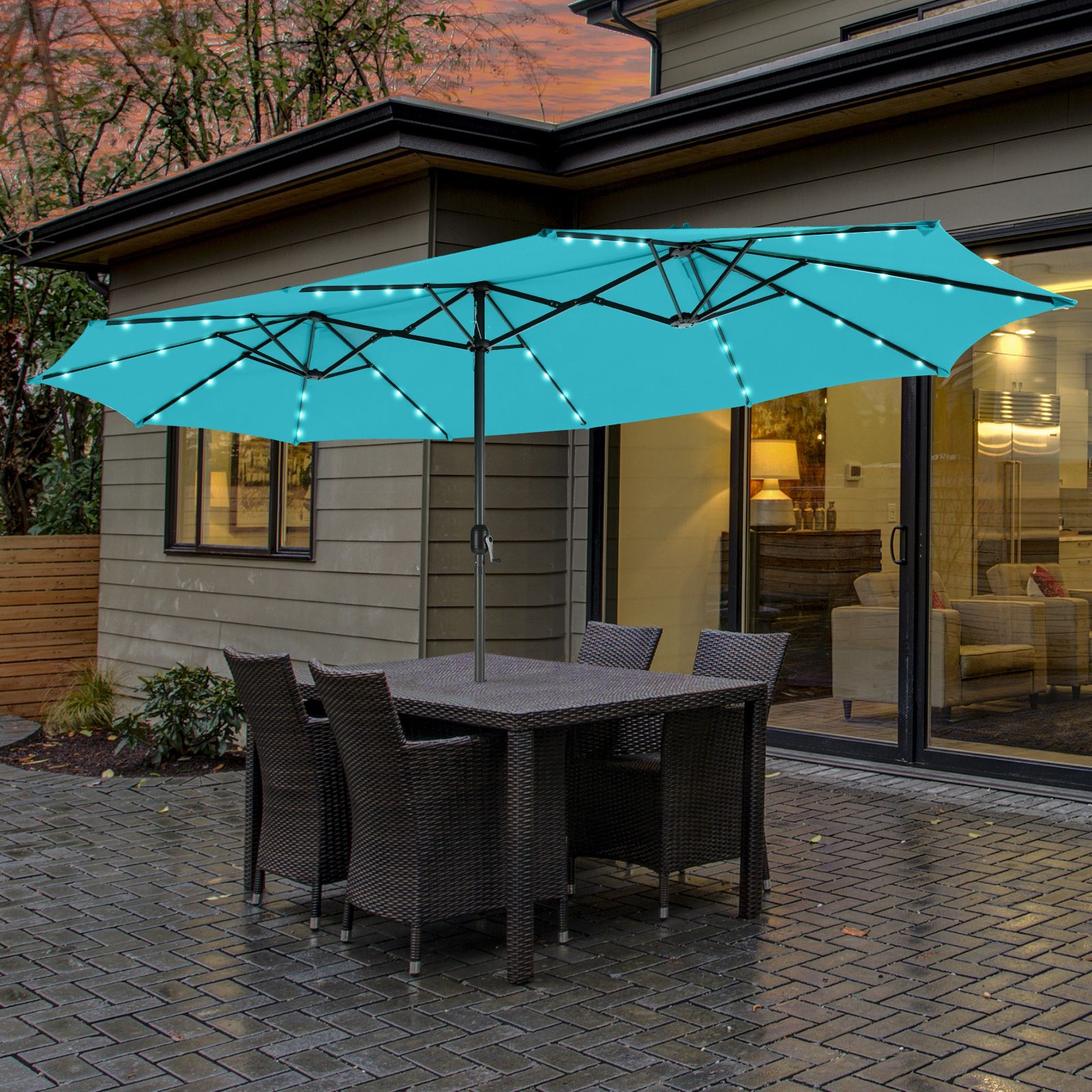 15 Feet Twin Patio Umbrella, 48 Solar LED Lights - Turquoise