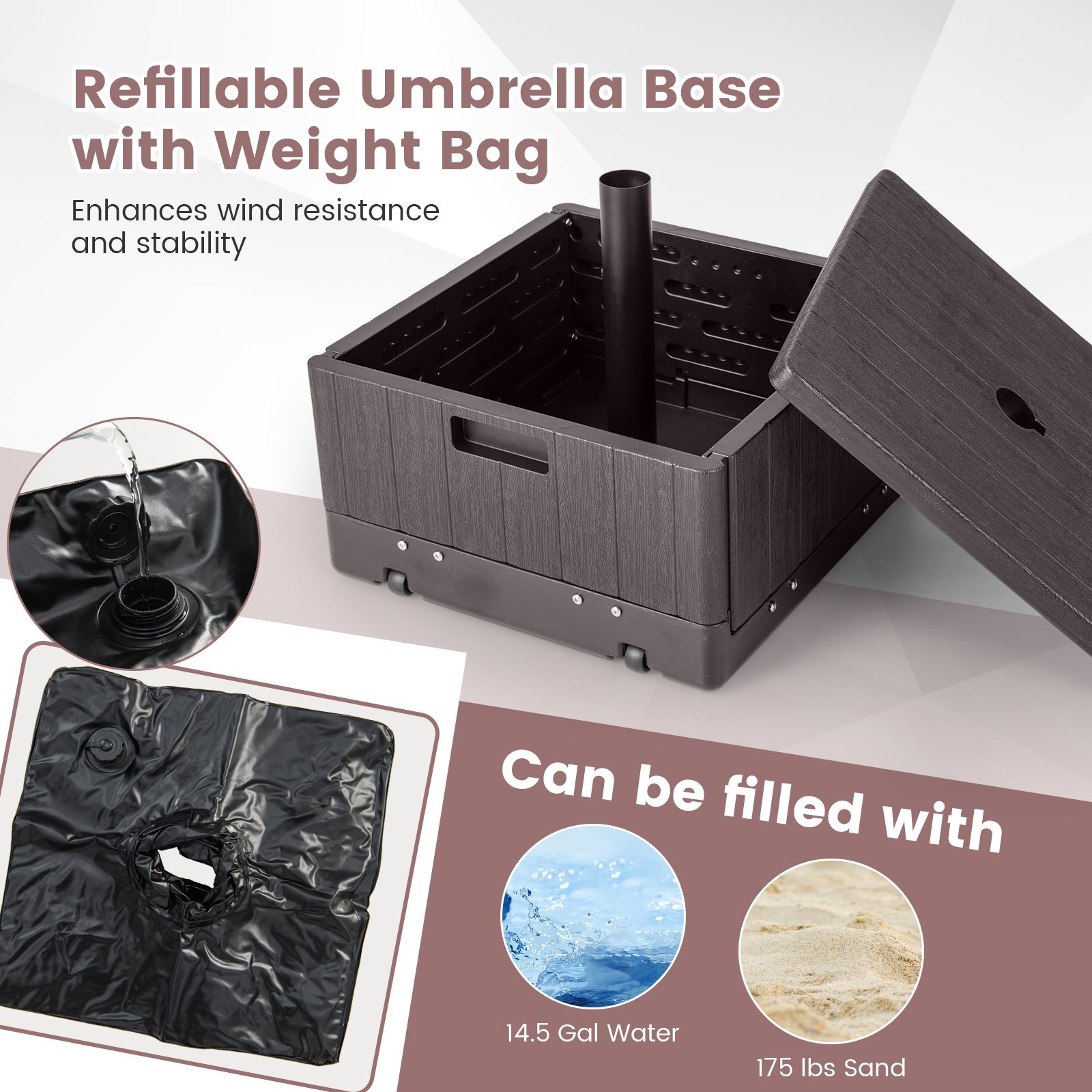 175 lbs Outdoor Fillable Umbrella Base, Table Tray - Brown