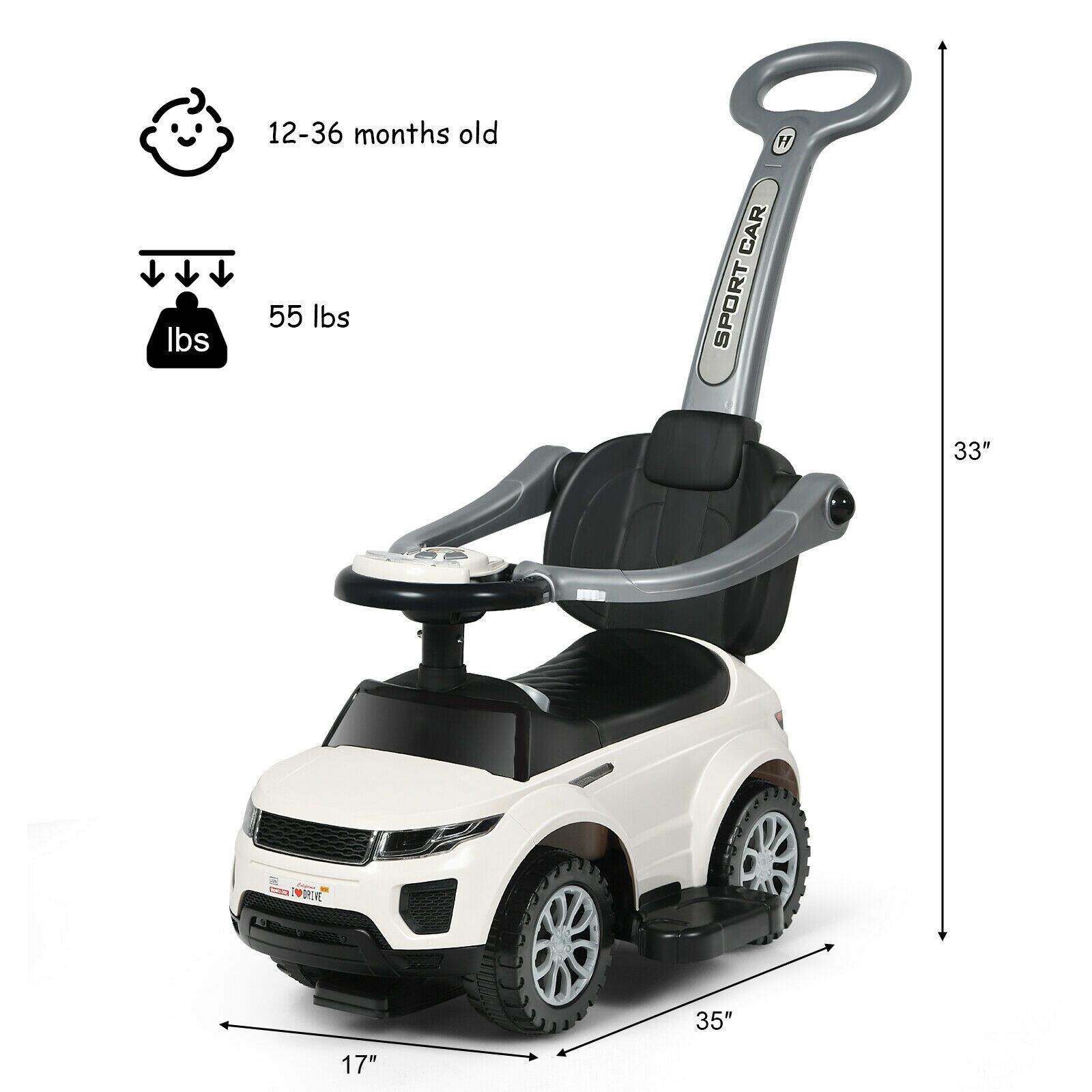 Voiture à pousser 3 en 1 pour tout-petits : poussette et voiture à roulettes, musique