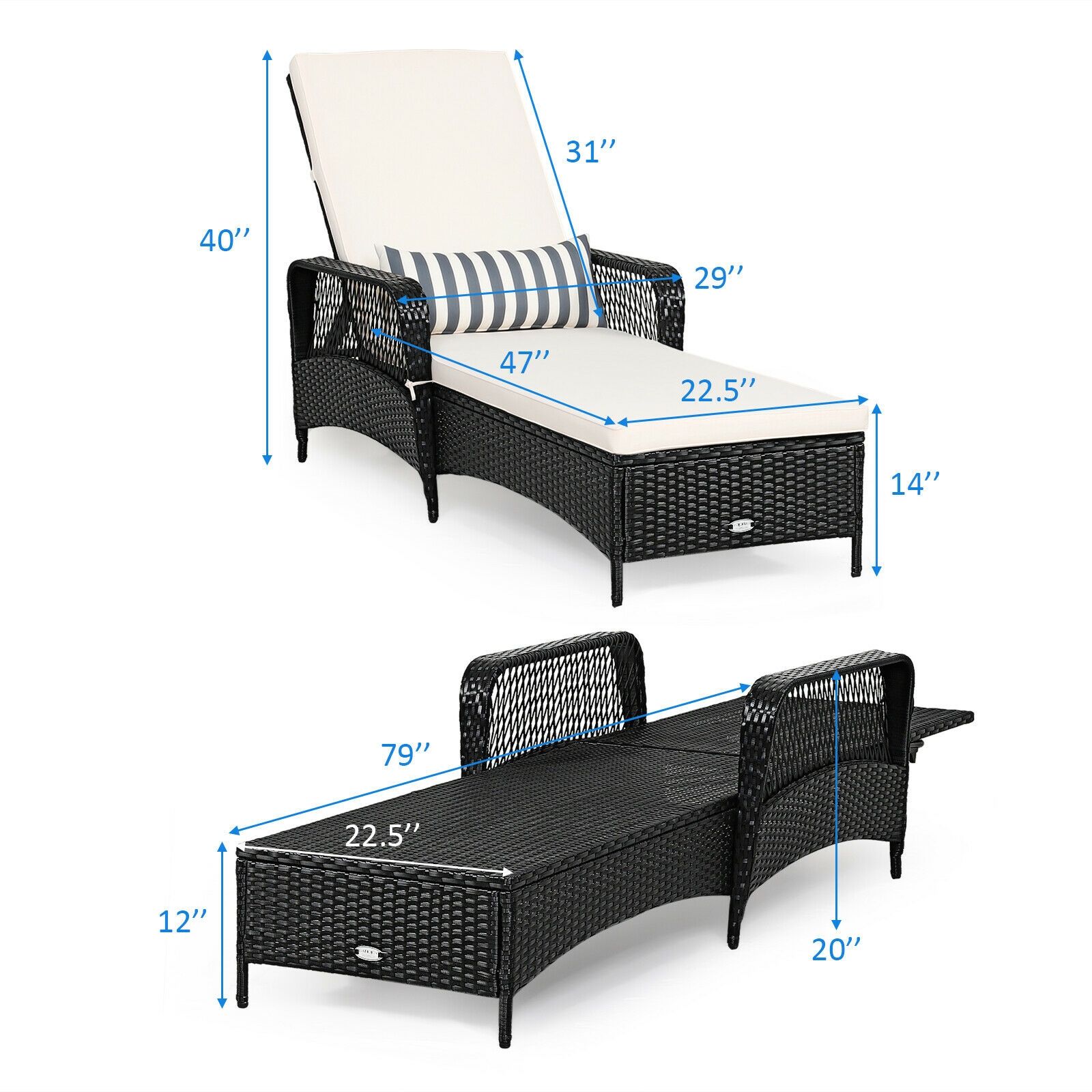 PE Rattan Armrest Chaise Lounge Chair, Adjustable Pillow - Black