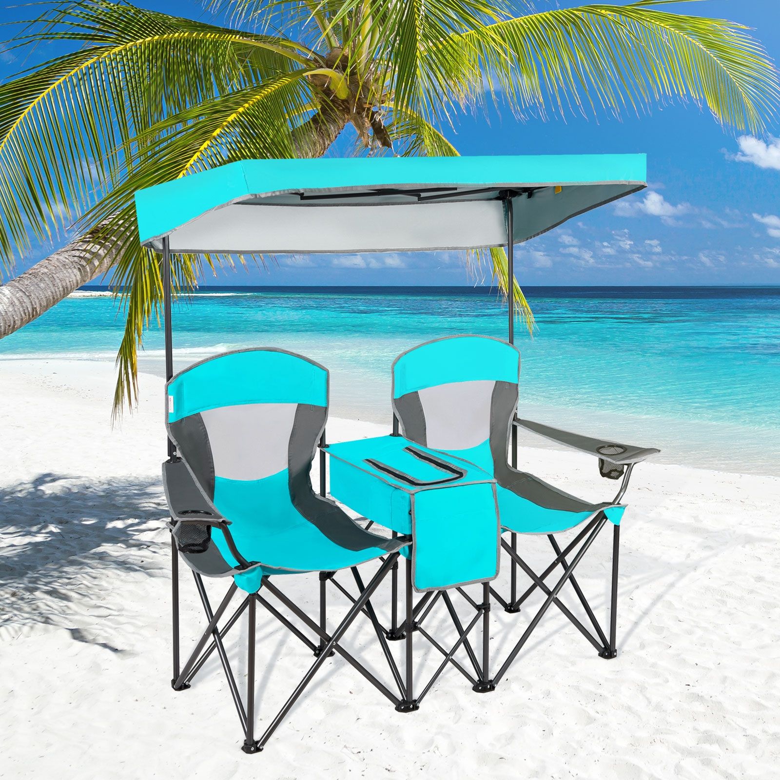 Chaises de camping pliantes portables, auvent et porte-gobelets, Turquoise