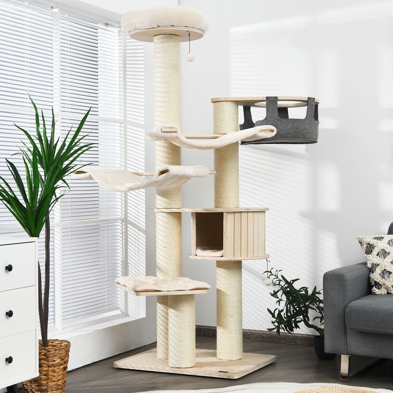 77.5-Inch Cat Tree Condo Multi-Level Kitten Activity Tower, Sisal Posts - Cream White