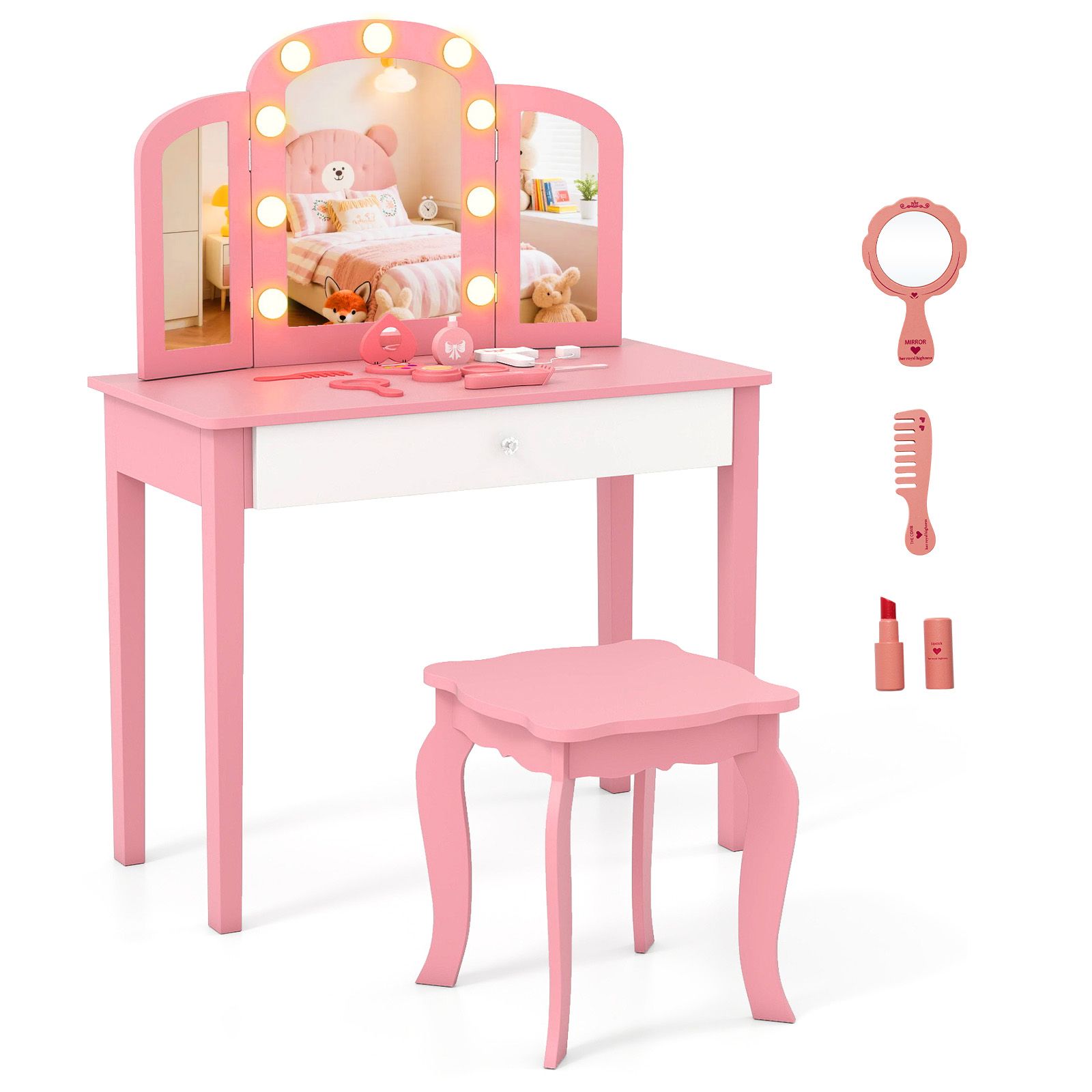 Ensemble de coiffeuse 2-en-1 pour enfants, miroir amovible à trois volets et éclairage