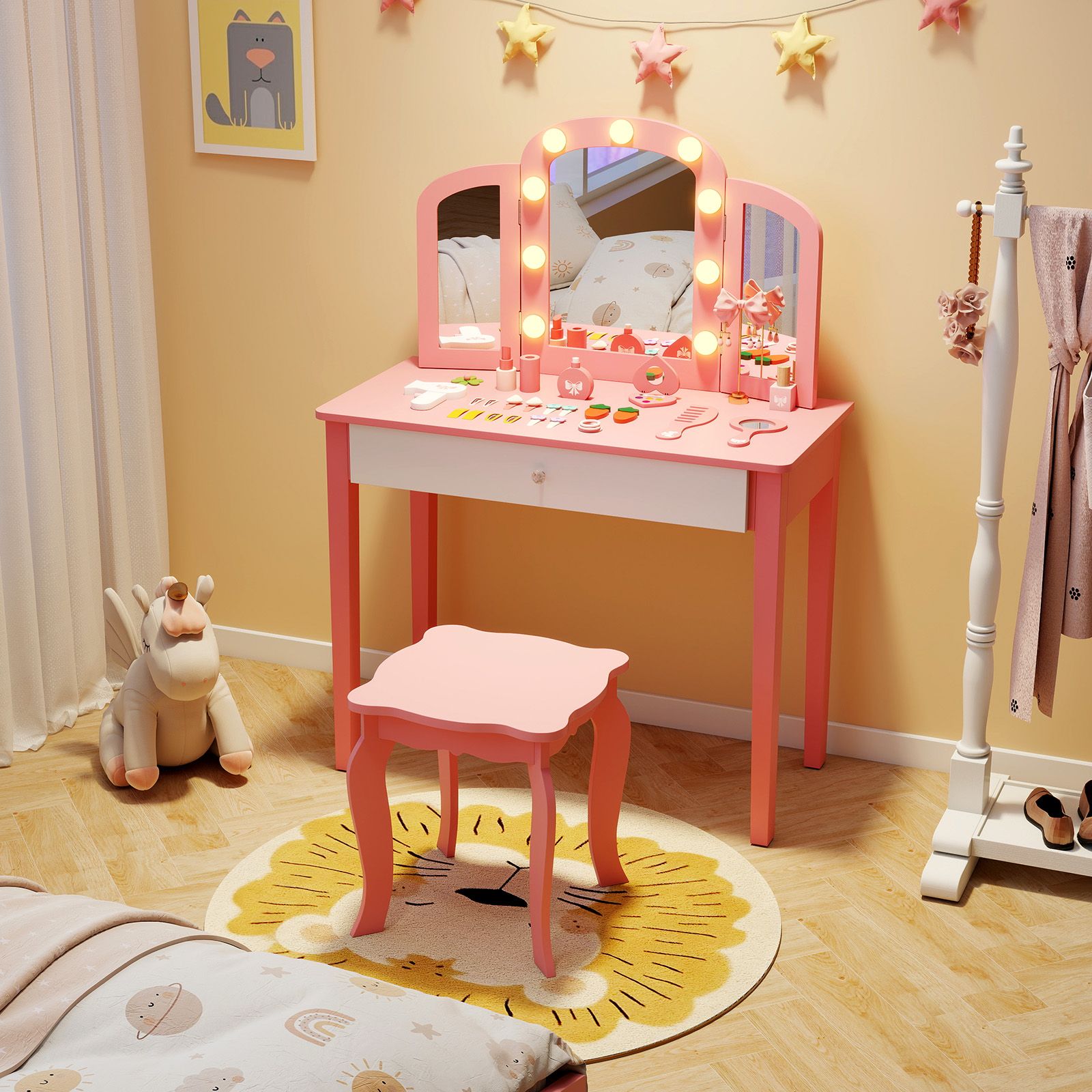 2-in-1 Kids Vanity Table Set, Tri-Folding Detachable Mirror and Lights