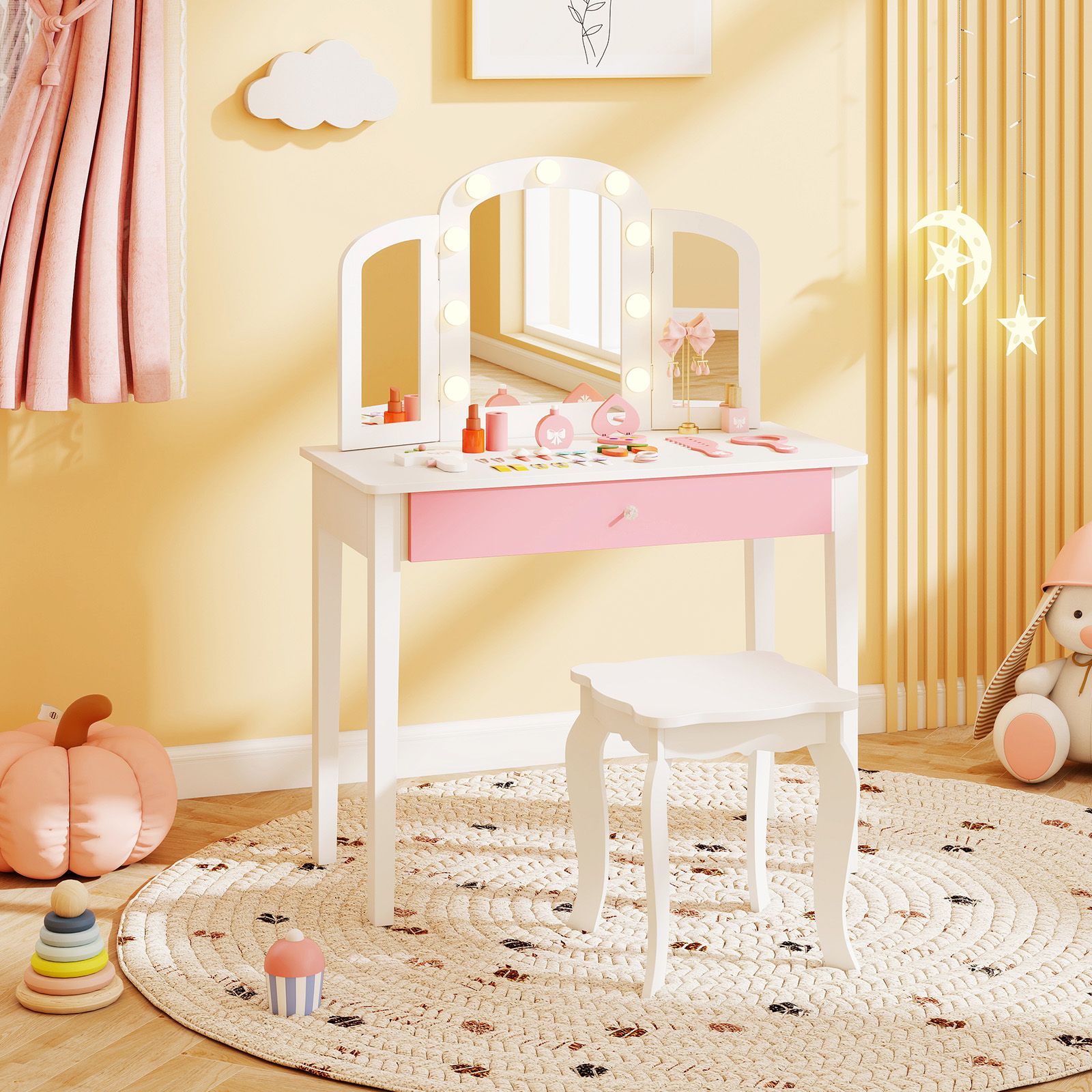 Ensemble de coiffeuse 2-en-1 pour enfants, miroir amovible à trois volets et éclairage