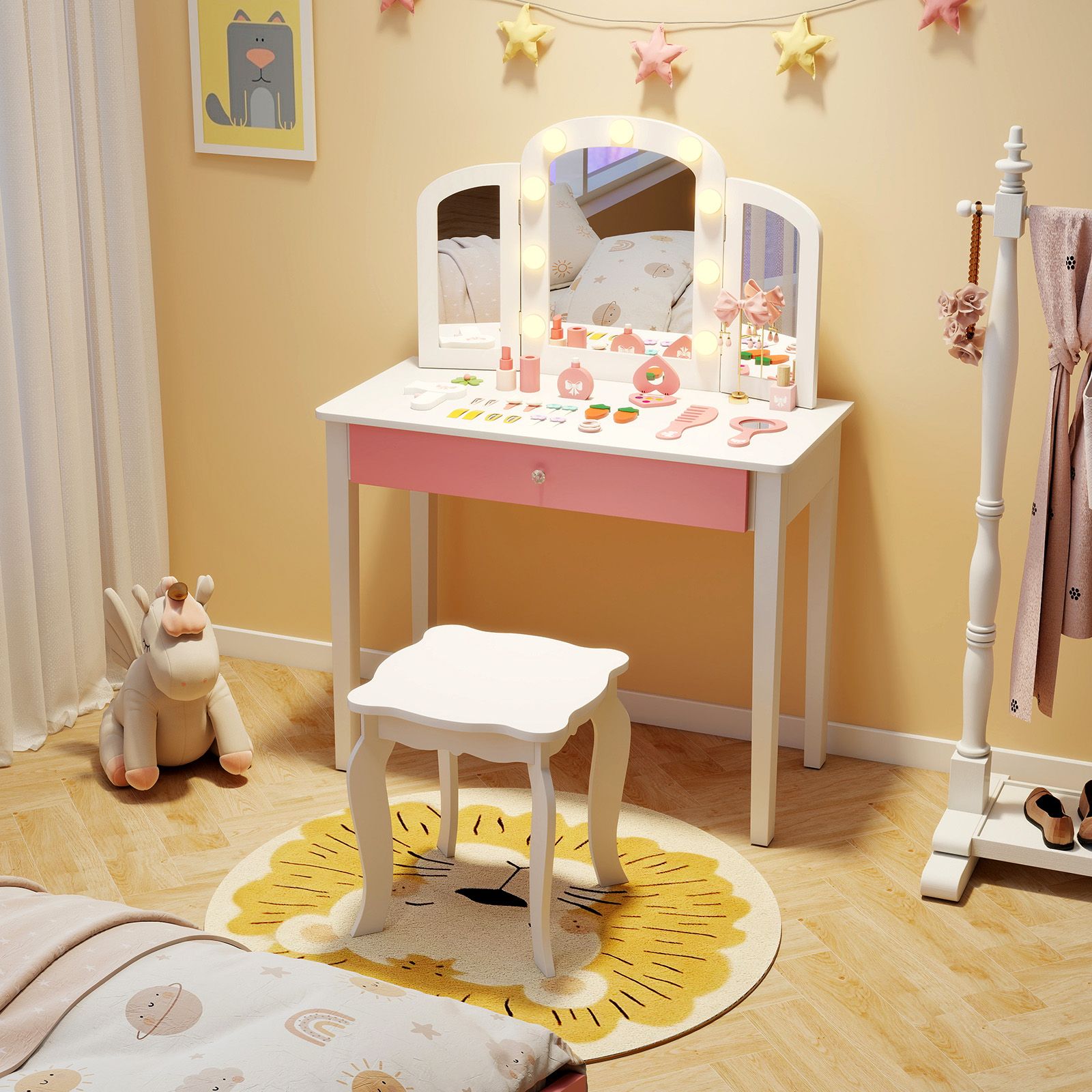 Ensemble de coiffeuse 2-en-1 pour enfants, miroir amovible à trois volets et éclairage