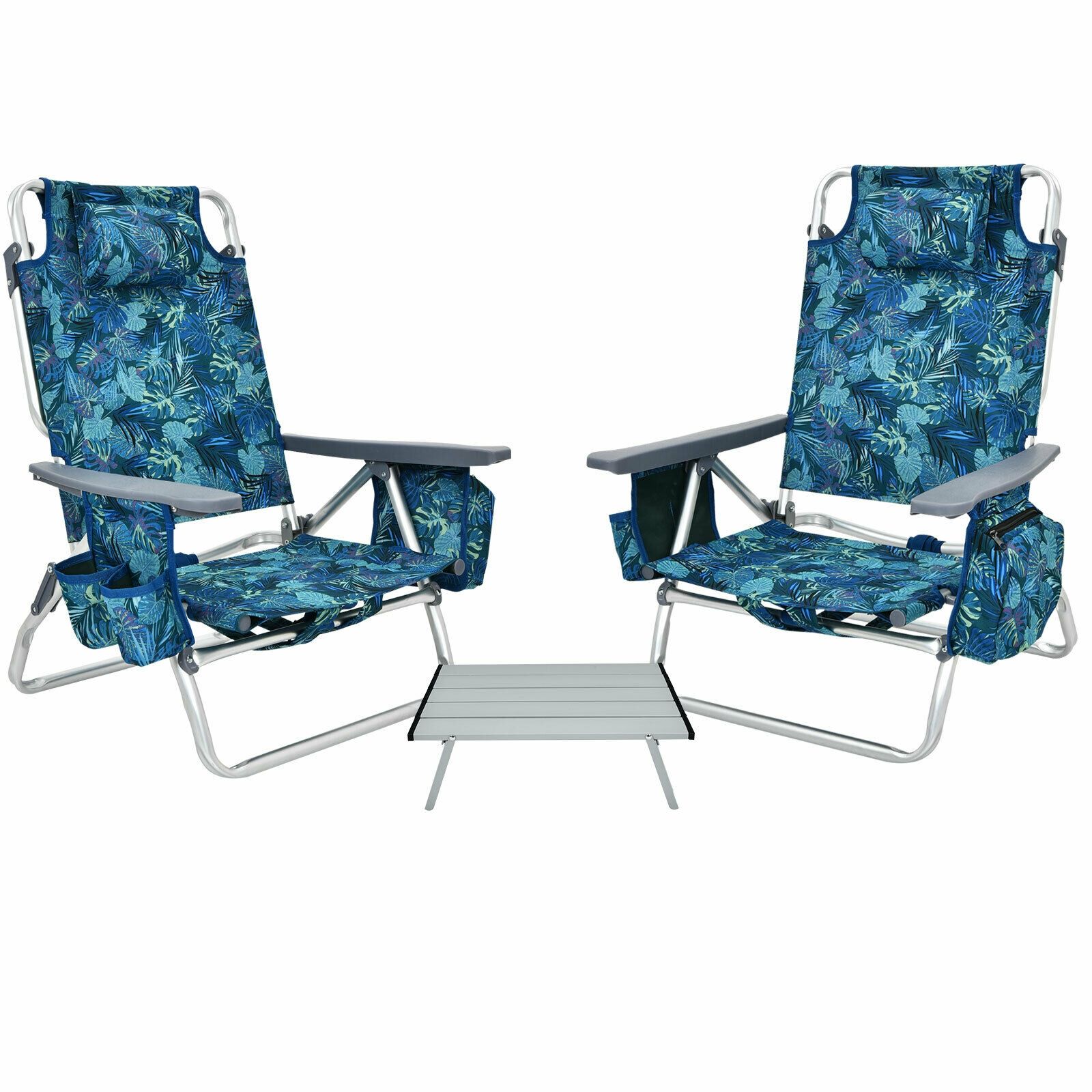 Ensemble de 2 ensembles chaises plage pliantes d'extérieur à 5 positions, sac dos et table