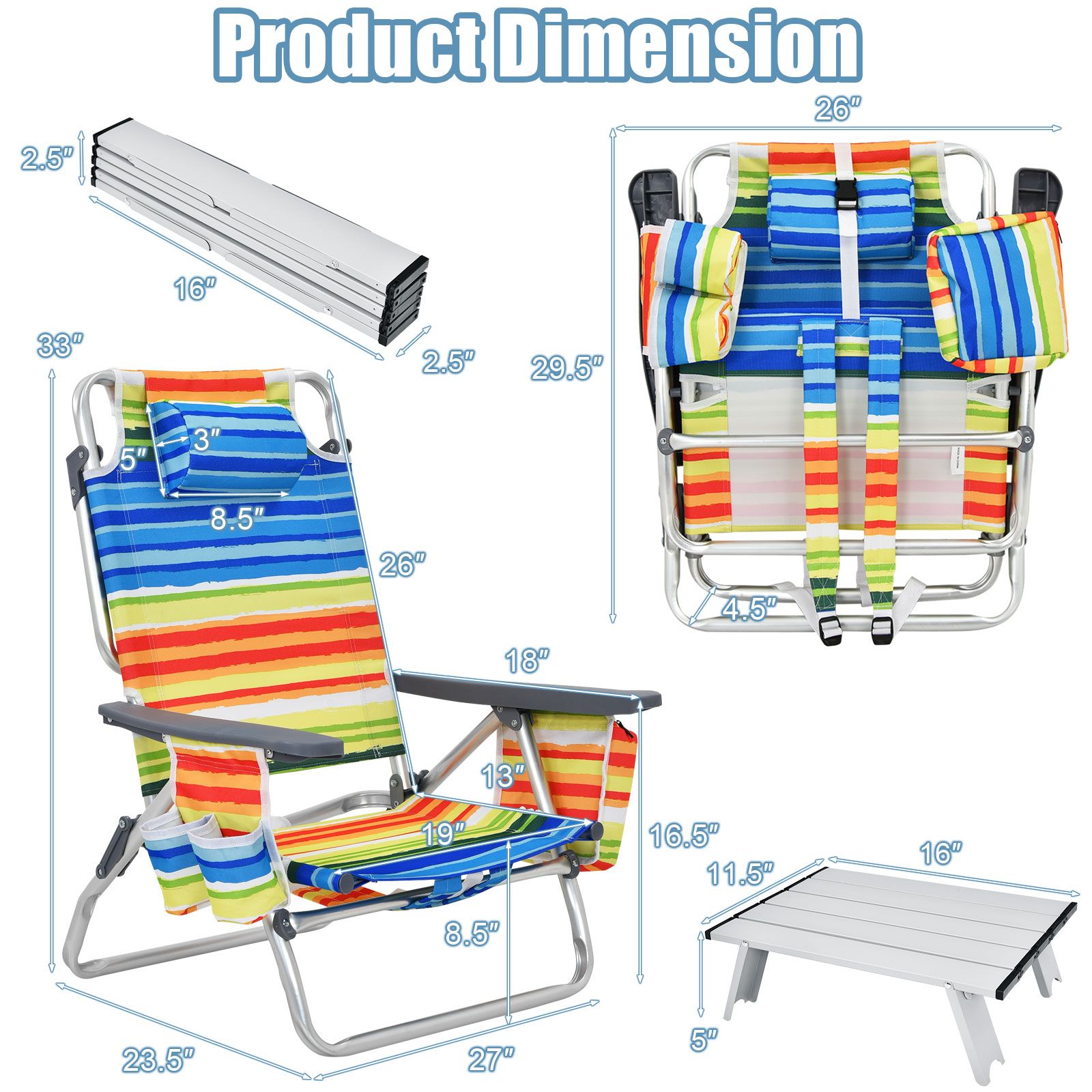 2 Packs 5-Position Outdoor Folding Backpack Beach Table Chair Reclining Set