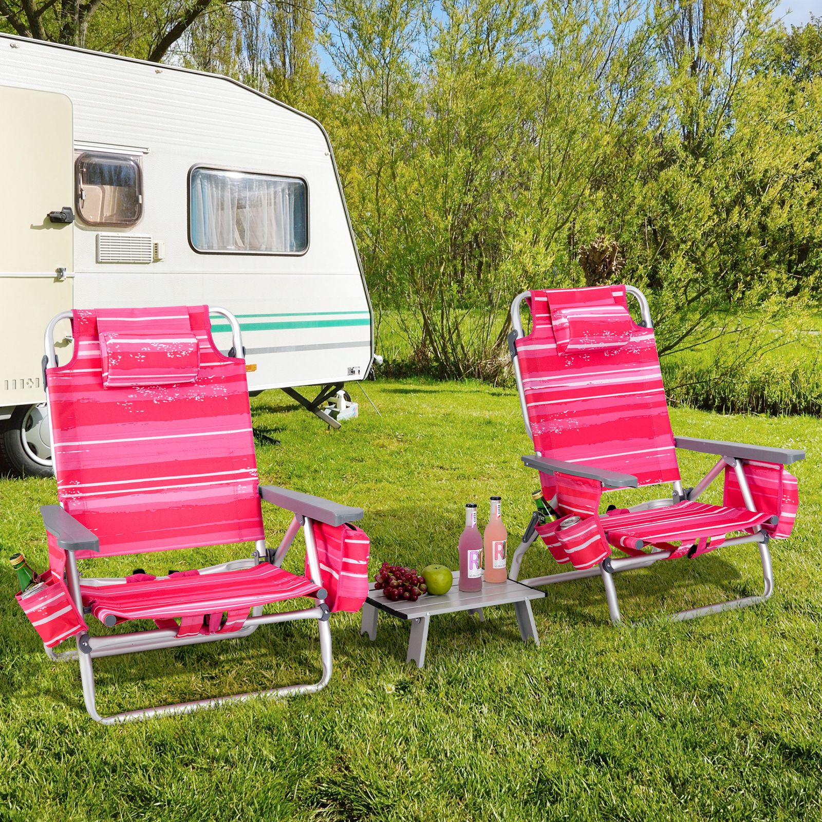 2 Packs 5-Position Outdoor Folding Backpack Beach Table Chair Reclining Set