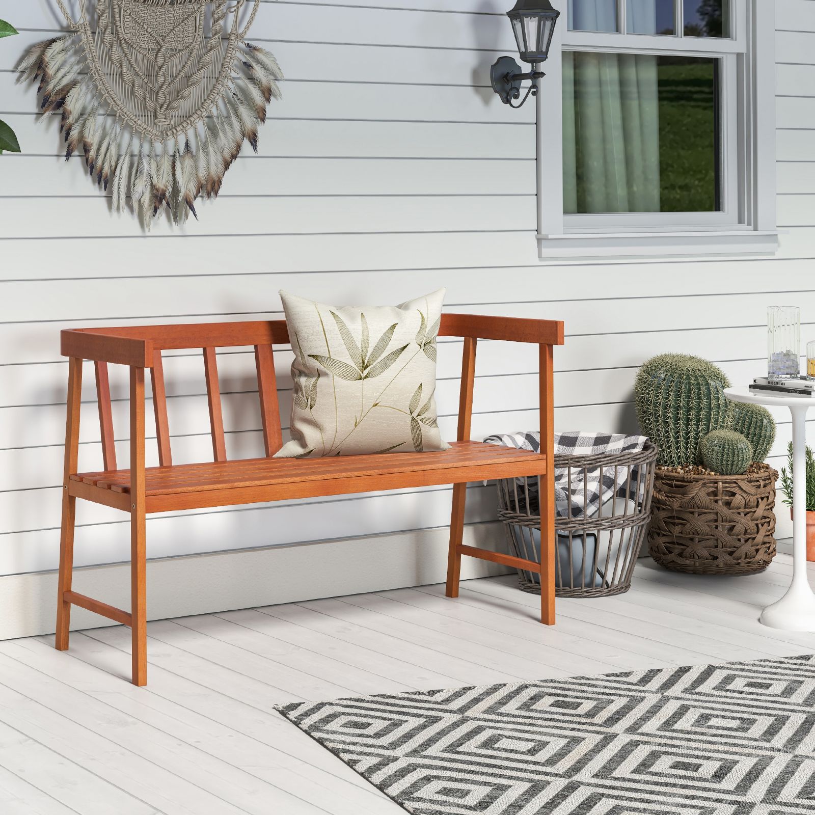Outdoor Eucalyptus Wood Bench, Backrest and Armrests