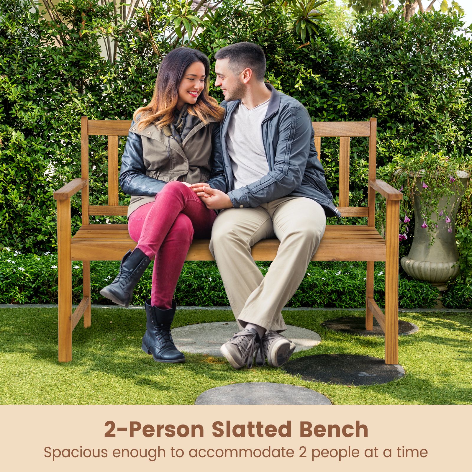 2-Person Outdoor Acacia Wood Bench, Backrest