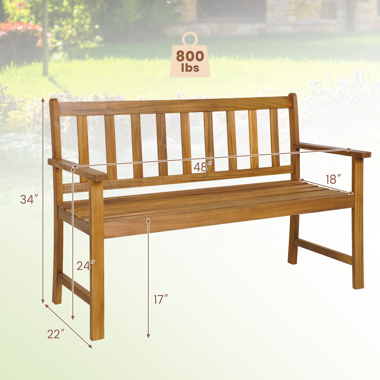 2-Person Outdoor Acacia Wood Bench, Backrest