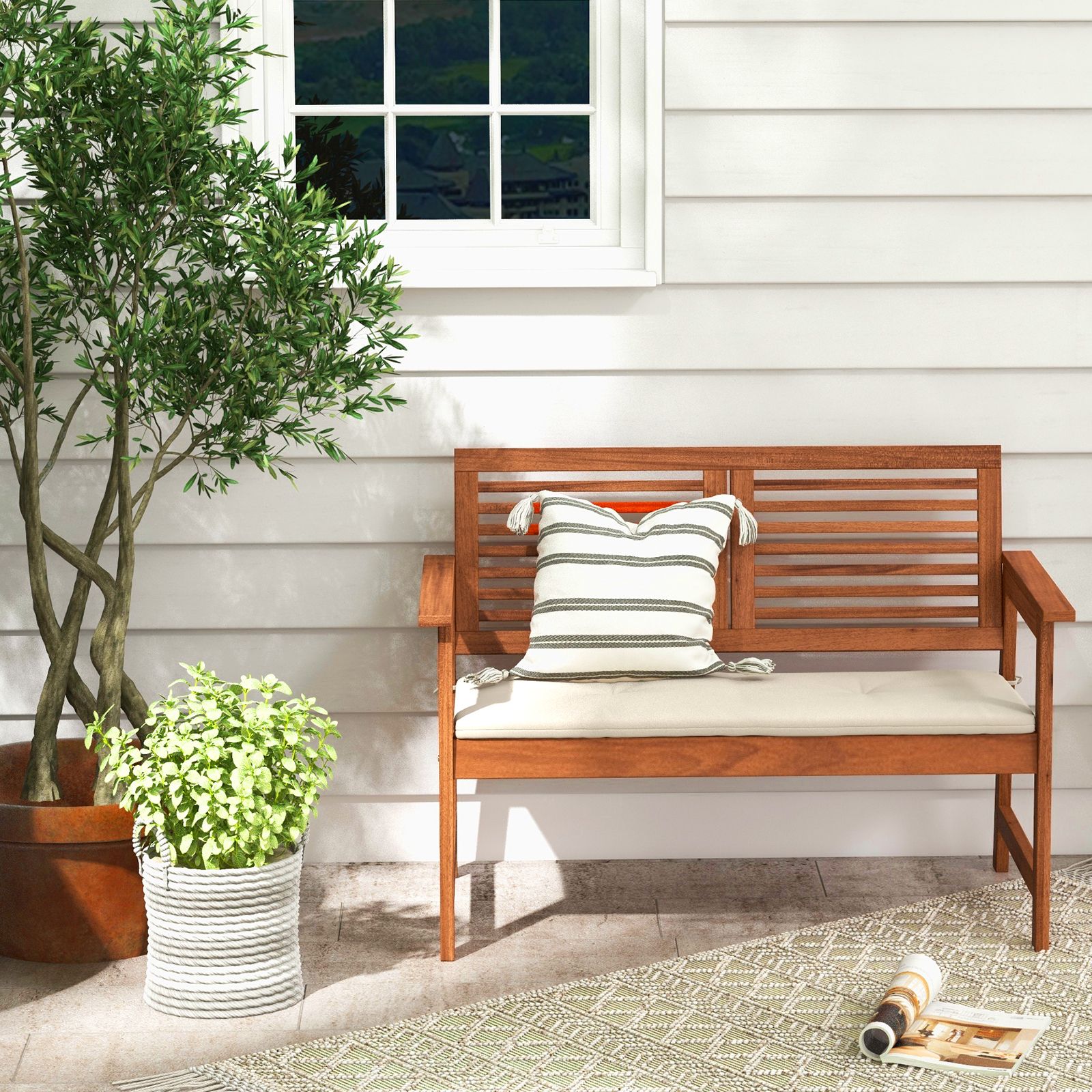 2-Person Solid Wood Patio Bench, Backrest and Cushion