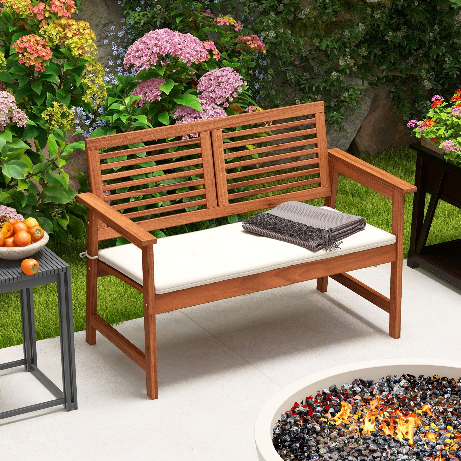 2-Person Solid Wood Patio Bench, Backrest and Cushion
