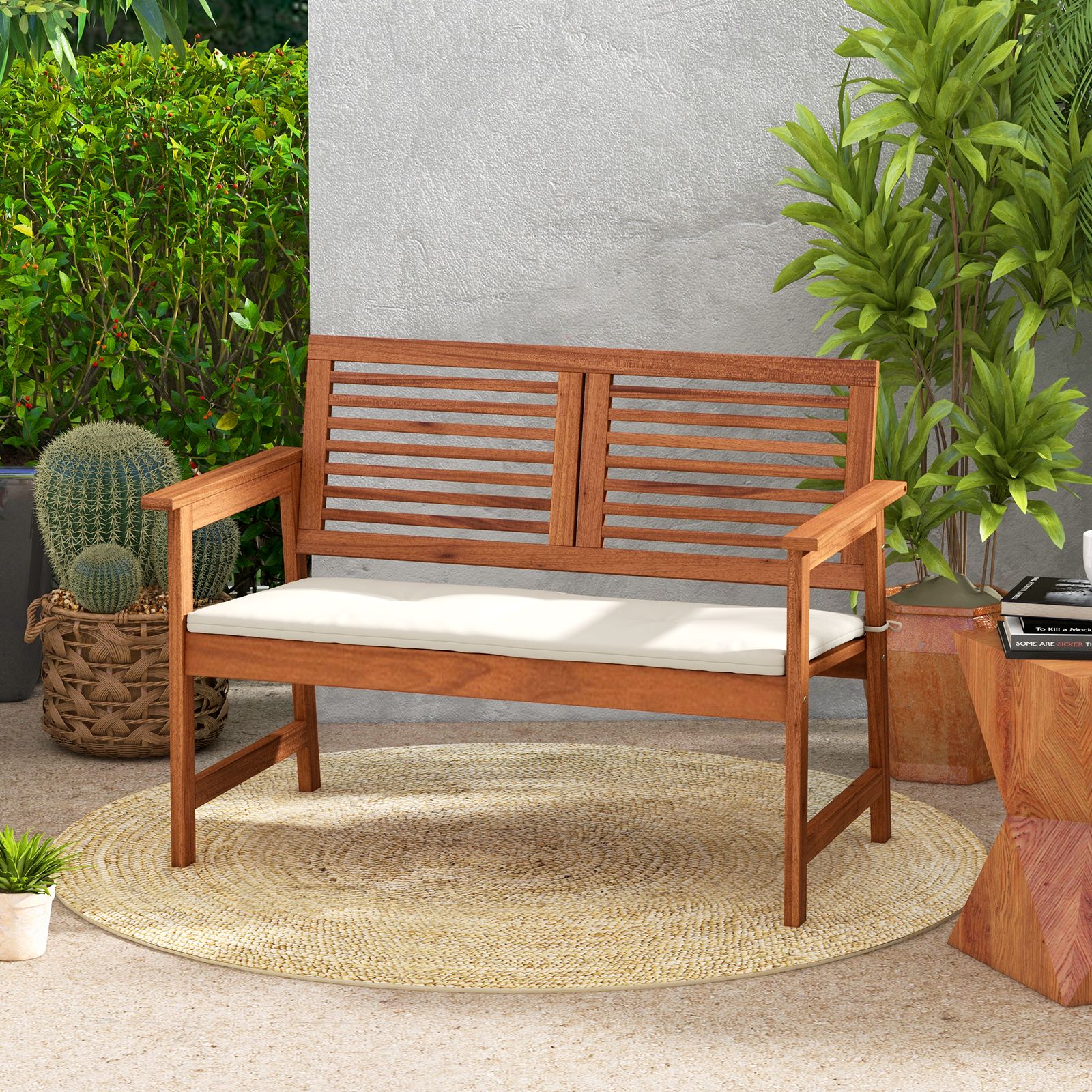 2-Person Solid Wood Patio Bench, Backrest and Cushion