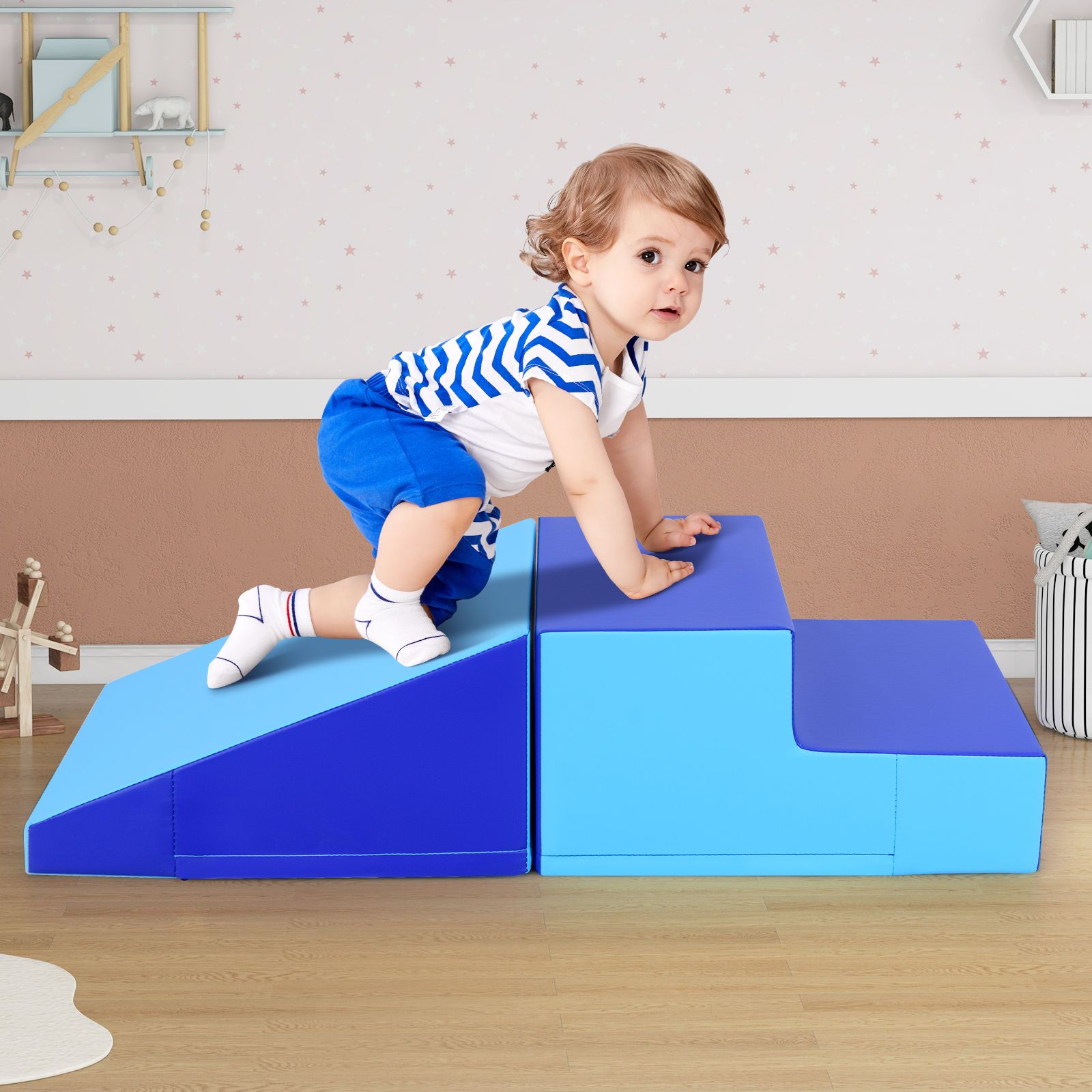 Escalier et toboggan 2 pièces pour bébés et tout-petits, Ensemble de jeu souple, blocs en mousse - Bleu