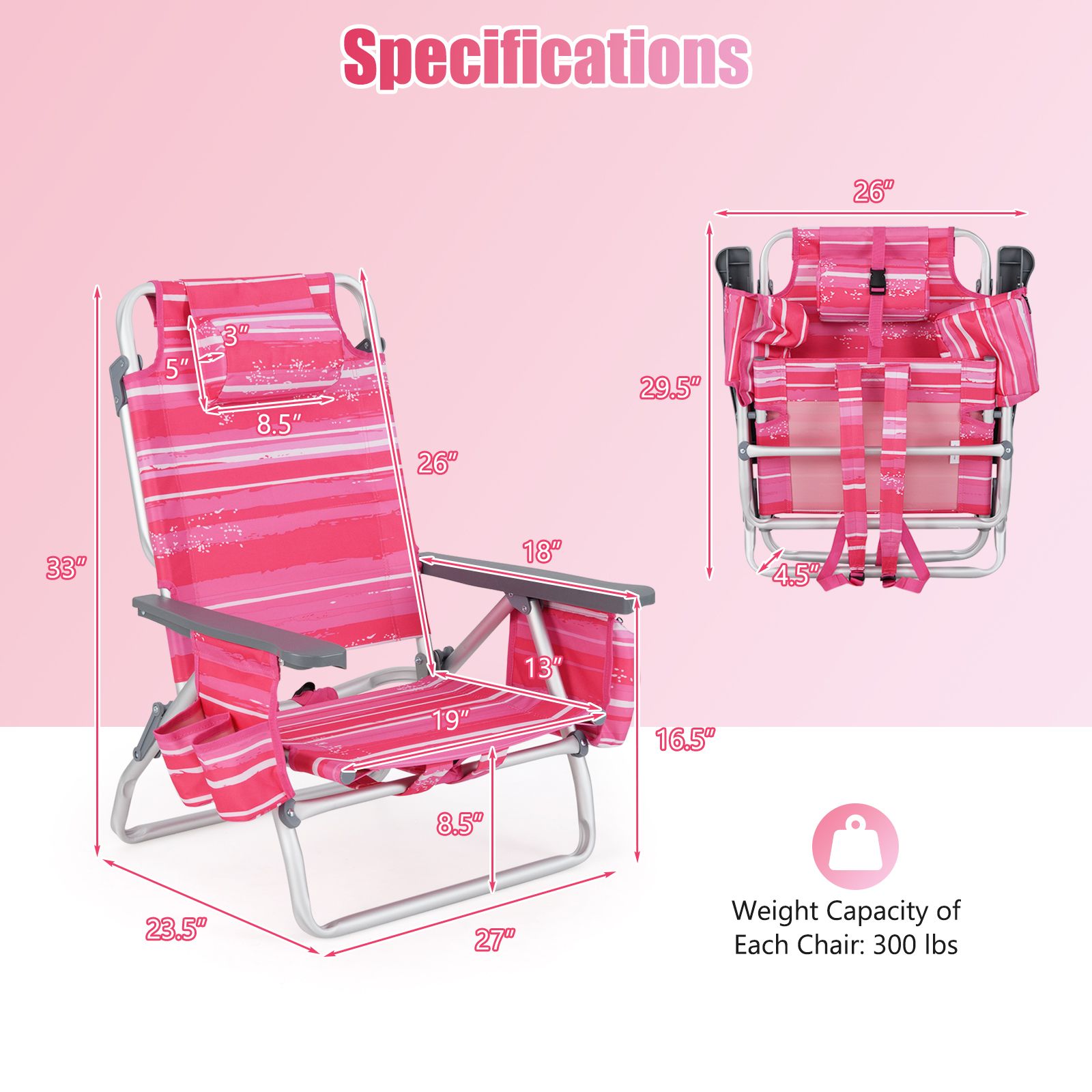 Ensemble de 2 chaises plage pliantes à dossier, inclinables d'extérieur 5 positions, coussin