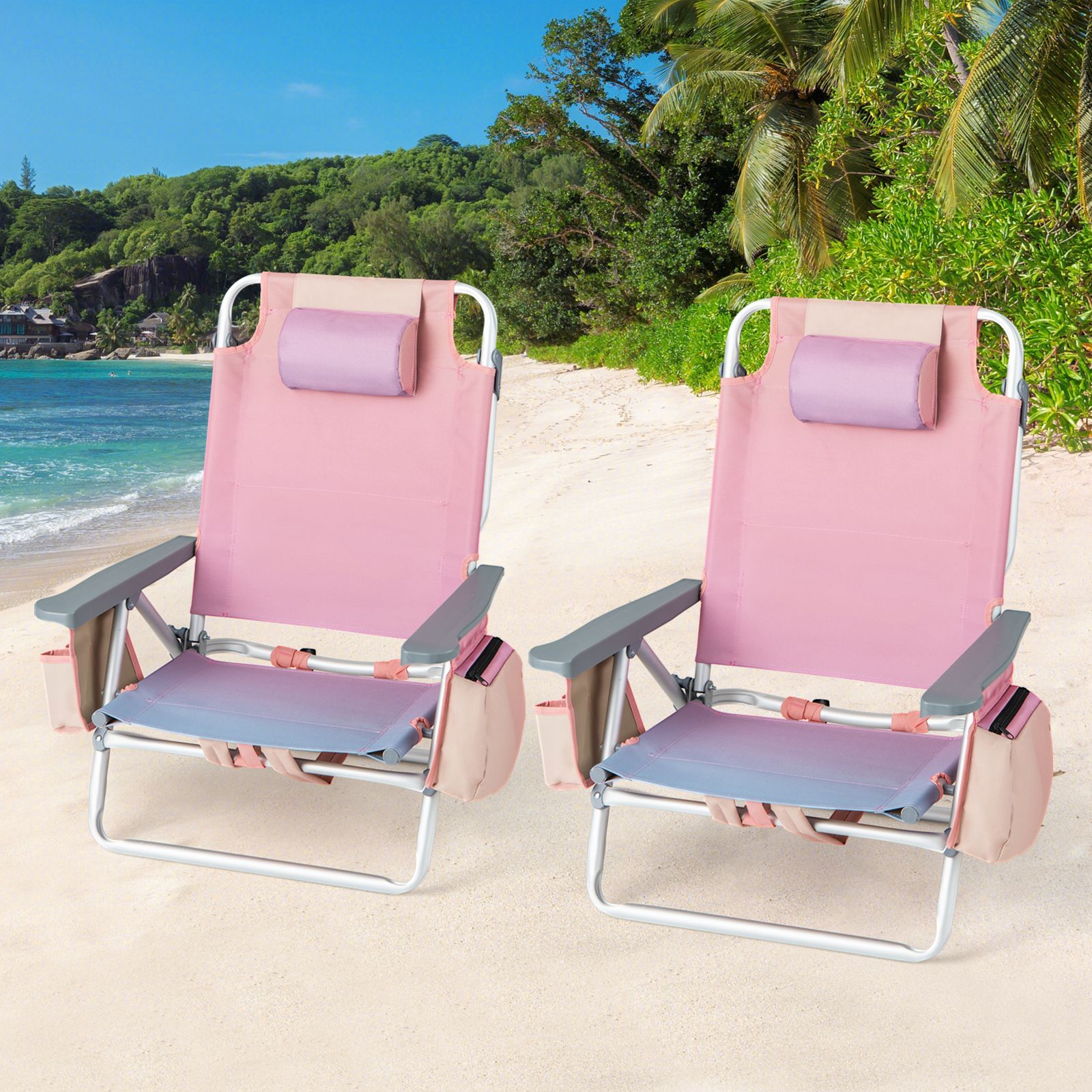 Ensemble de 2 chaises plage pliantes à dossier, inclinables d'extérieur 5 positions, coussin