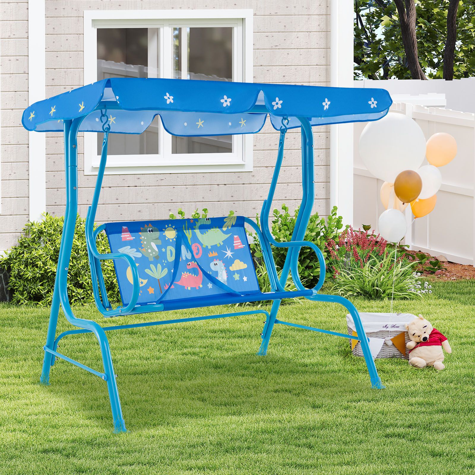 2-Seater Kids Patio Swing, Metal Stand and Adjustable Canopy