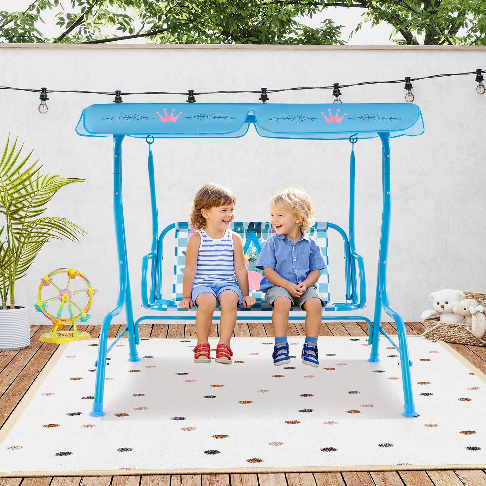Balançoire d'extérieur pour enfants à 2 places, support métallique et auvent réglable