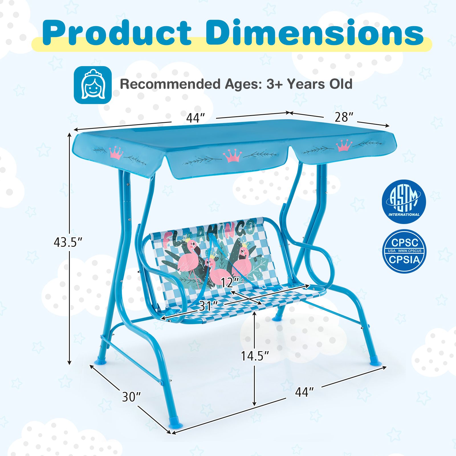 2-Seater Kids Patio Swing, Metal Stand and Adjustable Canopy