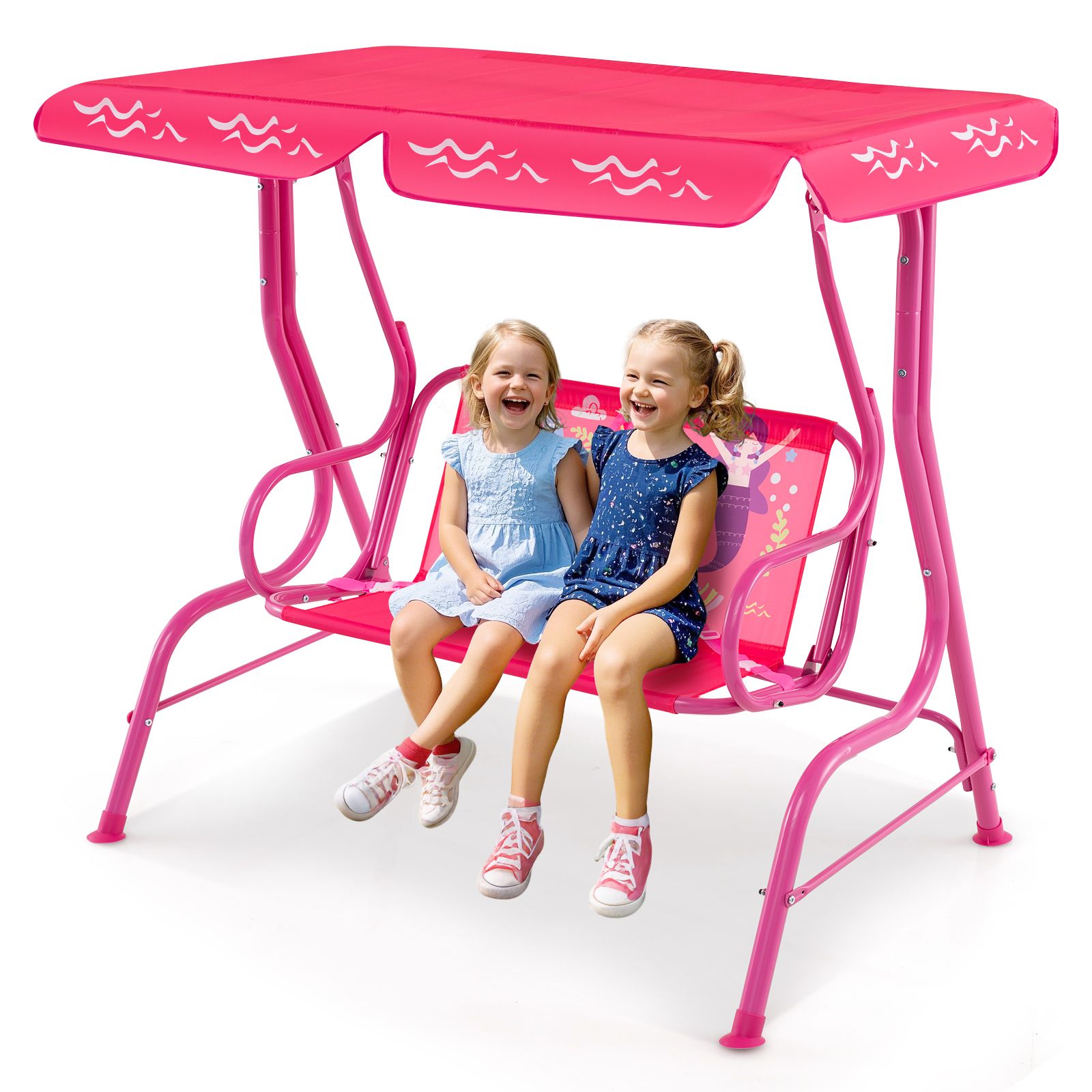 Balançoire d'extérieur pour enfants à 2 places, support métallique et auvent réglable