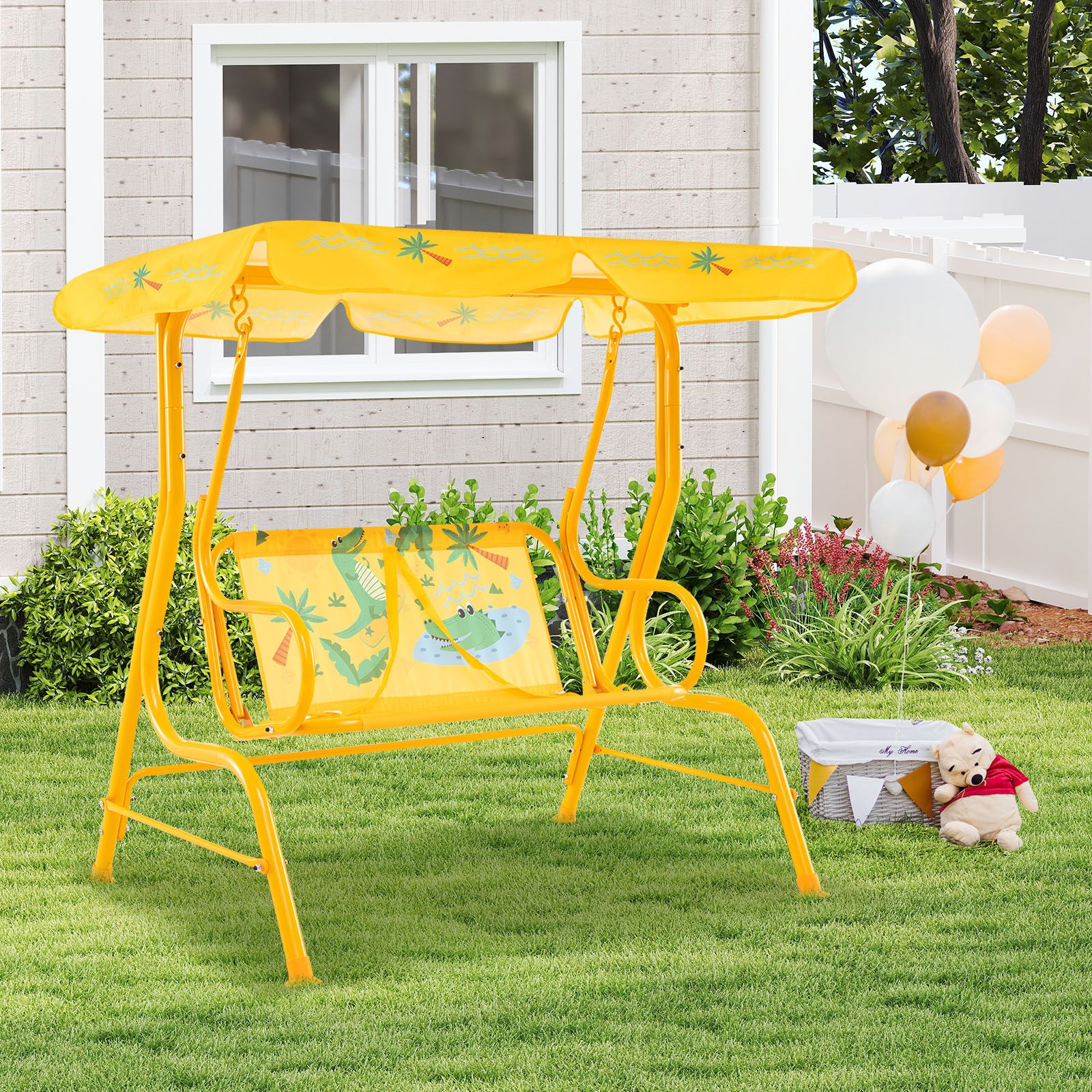 2-Seater Kids Patio Swing, Metal Stand and Adjustable Canopy