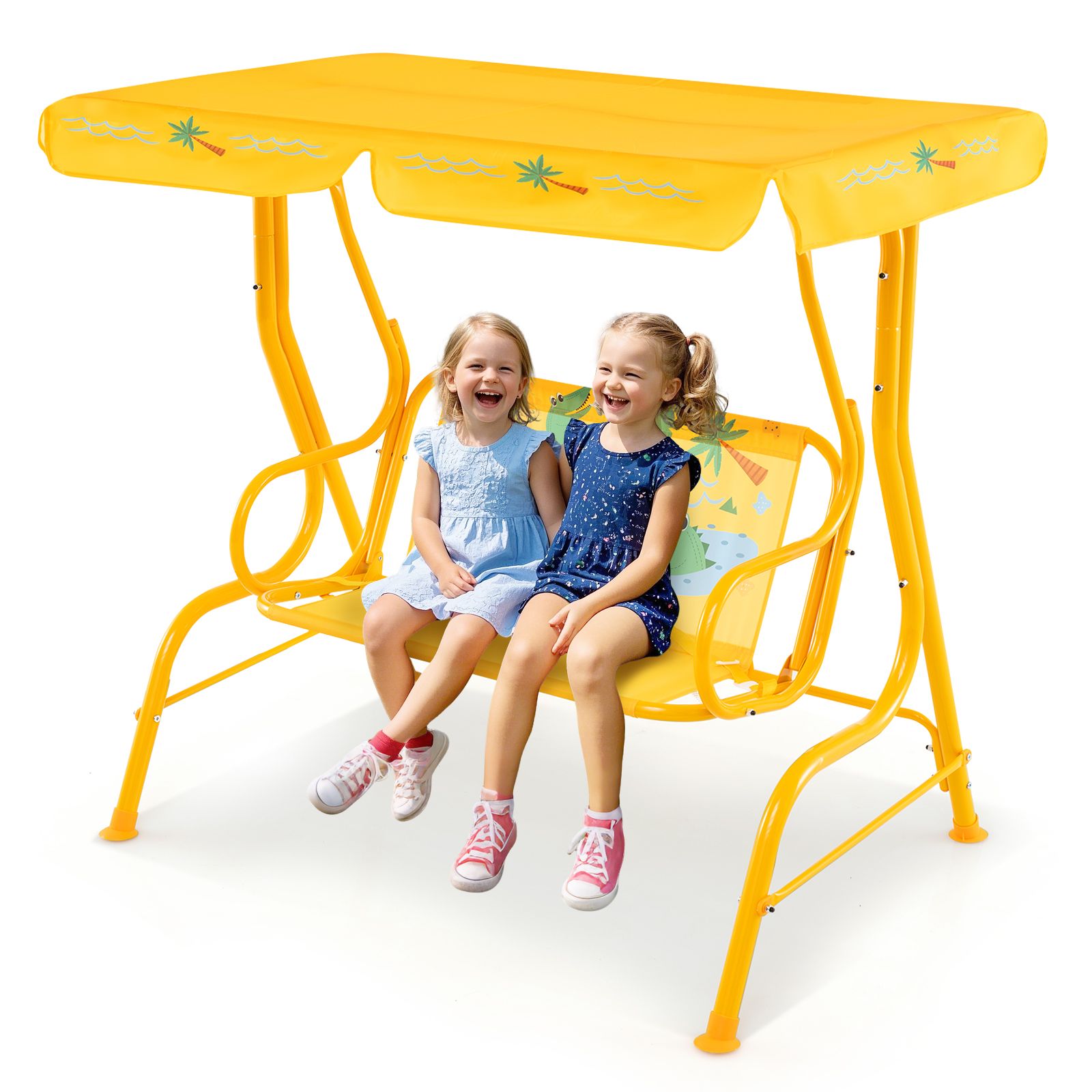 Balançoire d'extérieur pour enfants à 2 places, support métallique et auvent réglable