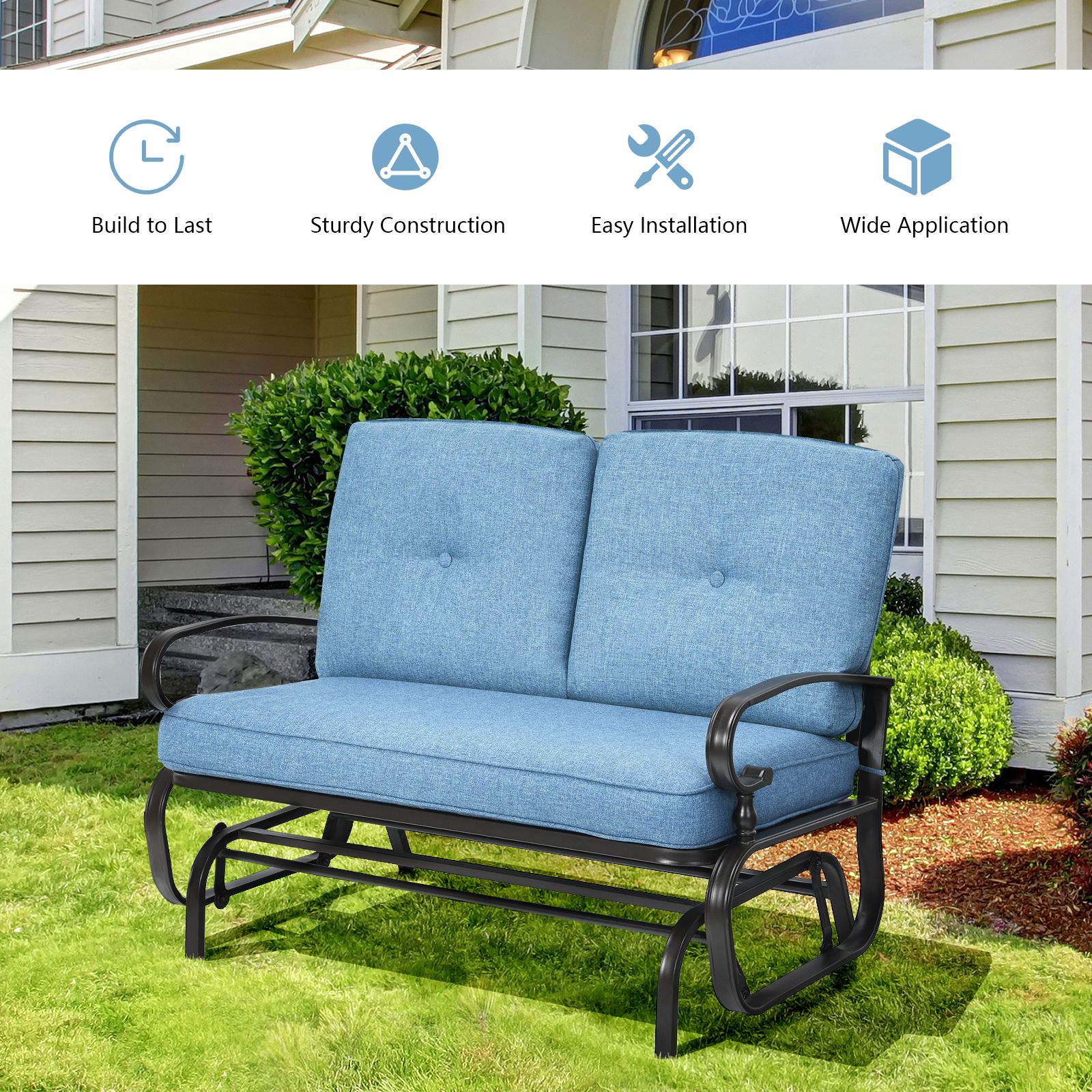 2 Seats Outdoor Swing Glider Chair, Comfortable Cushions - Blue