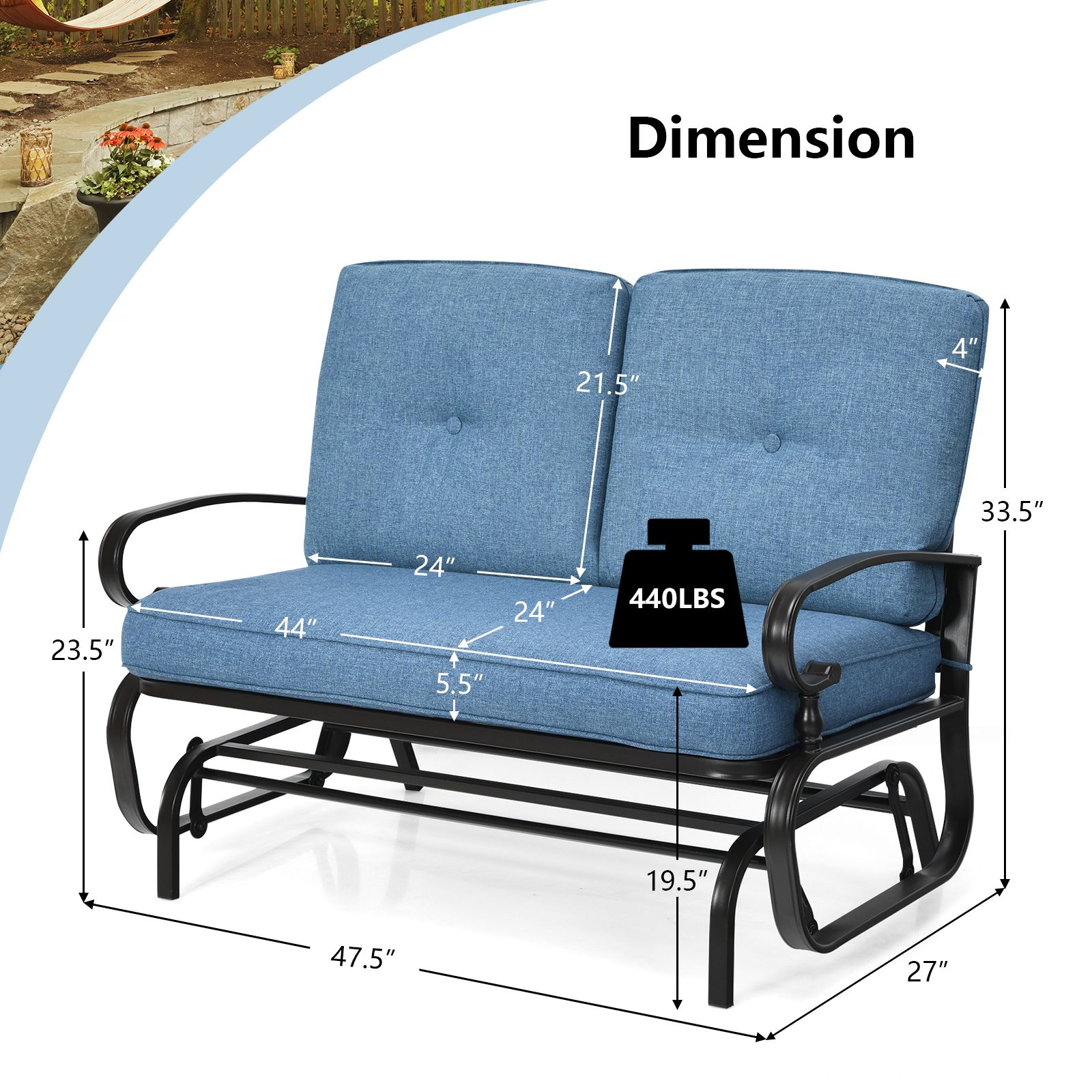 2 Seats Outdoor Swing Glider Chair, Comfortable Cushions - Blue