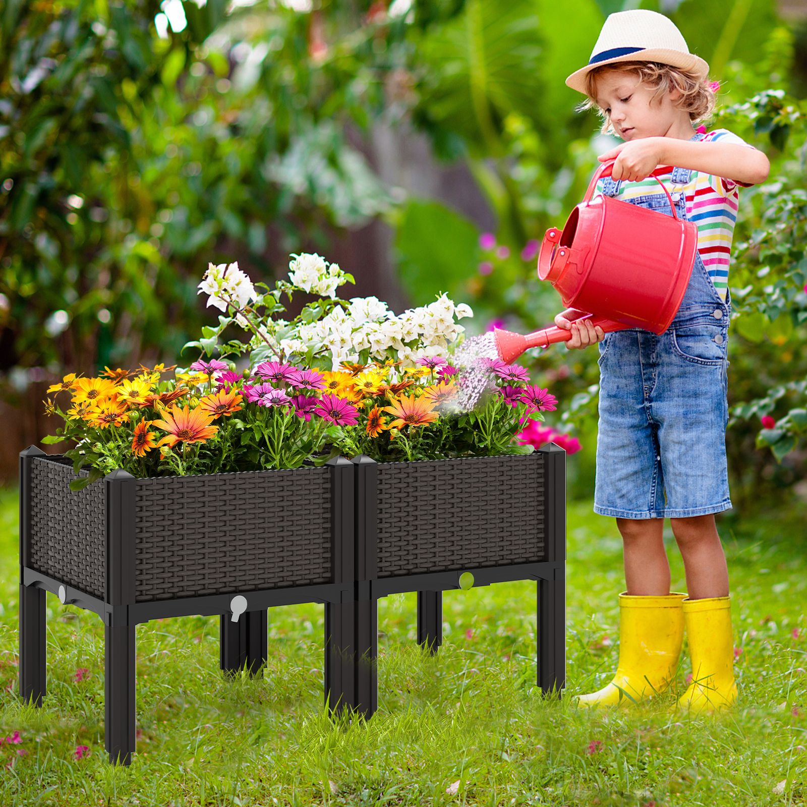 Ensemble de 2 kits de jardinières surélevées en plastique pour la culture de fleurs et de légumes - Marron