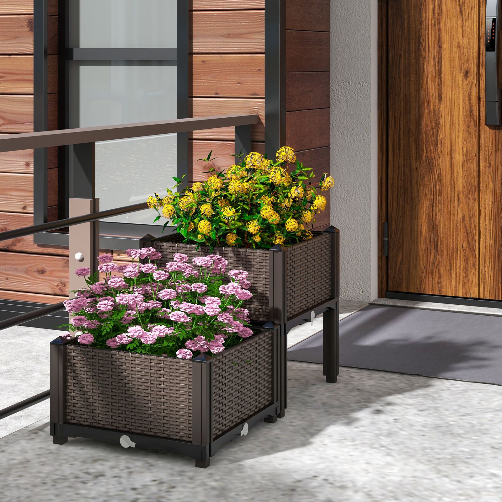 Ensemble de 2 kits de jardinières surélevées en plastique pour la culture de fleurs et de légumes - Marron