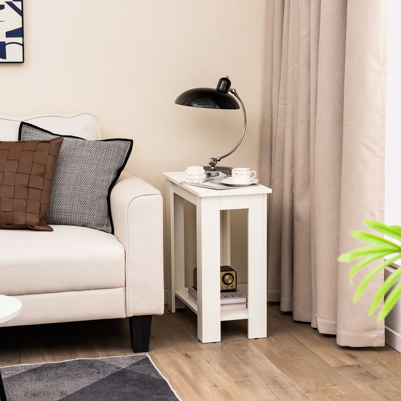 2-Tier Modern Compact End Table, Storage Shelf - White