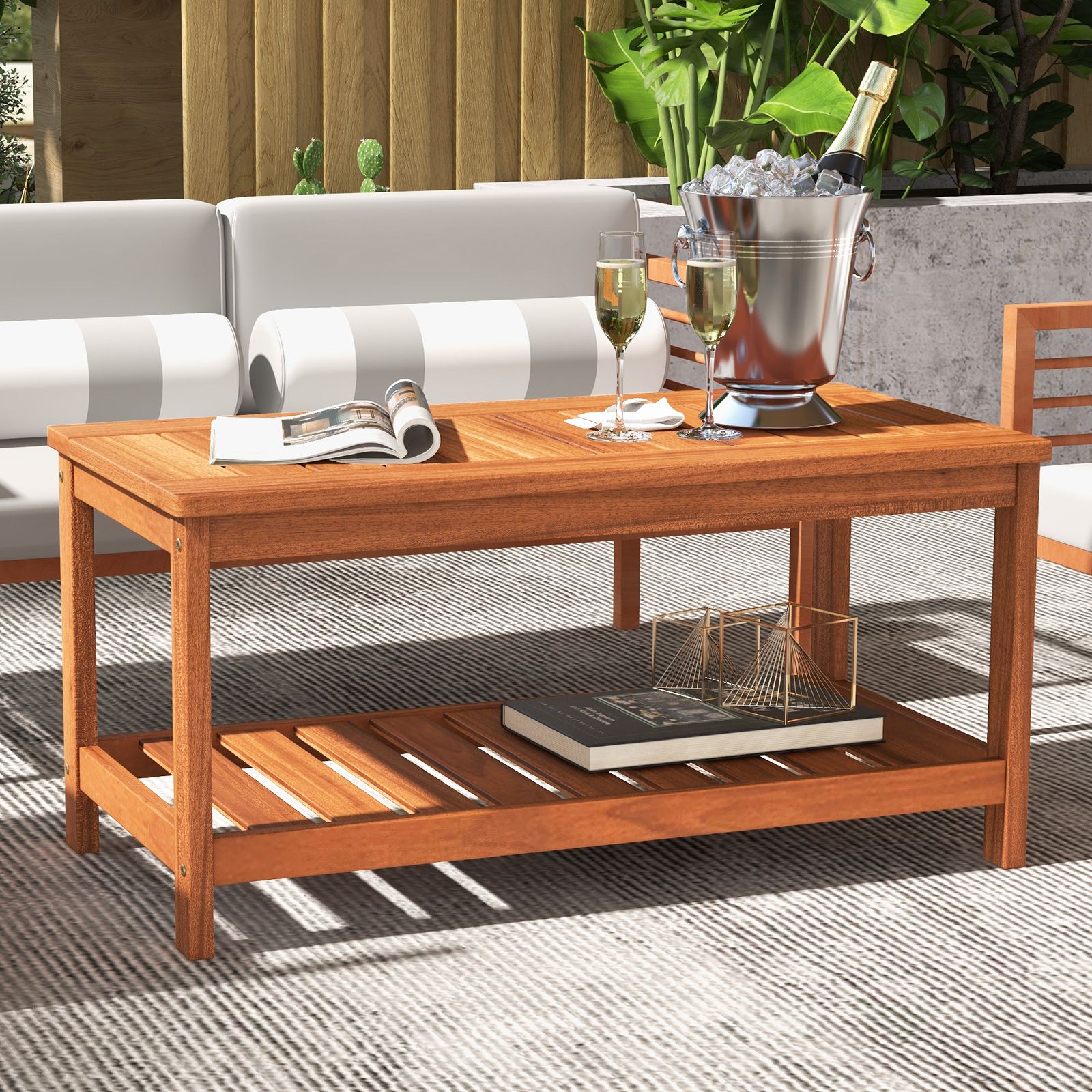 2-Tier Patio Coffee Table, Slatted Tabletop and Shelf