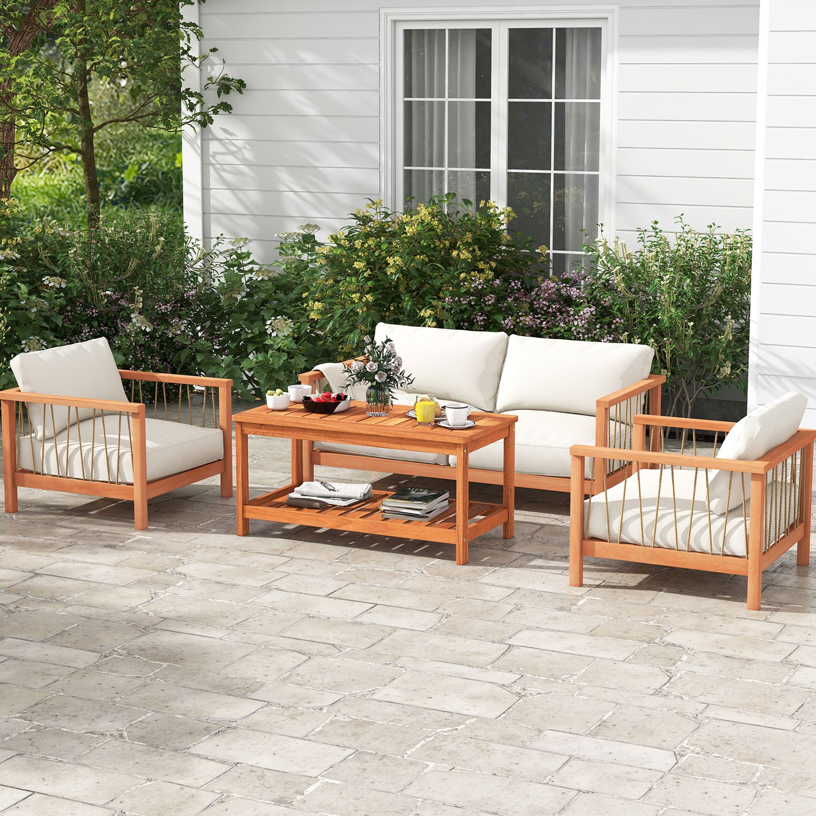 2-Tier Patio Coffee Table, Slatted Tabletop and Shelf