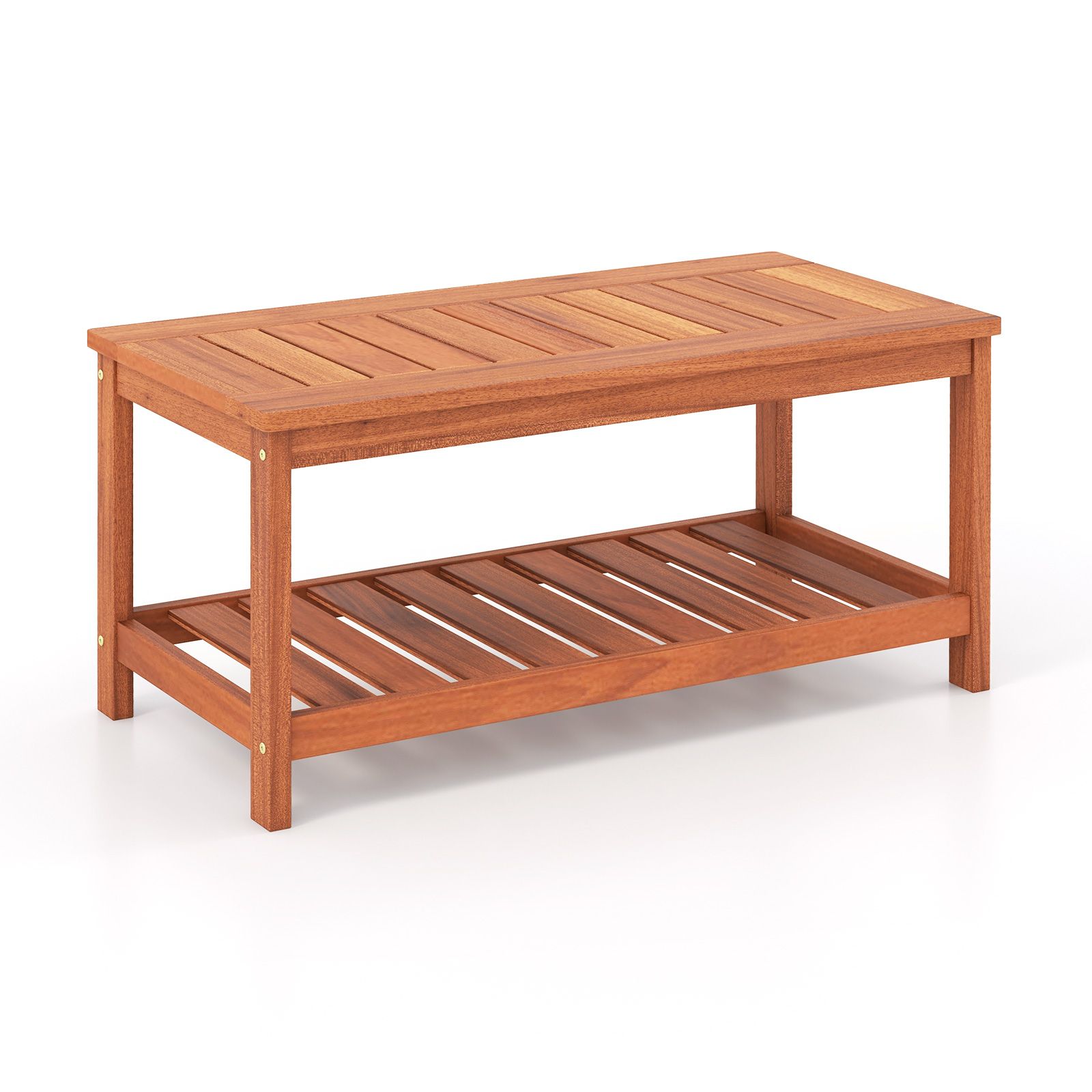 2-Tier Patio Coffee Table, Slatted Tabletop and Shelf
